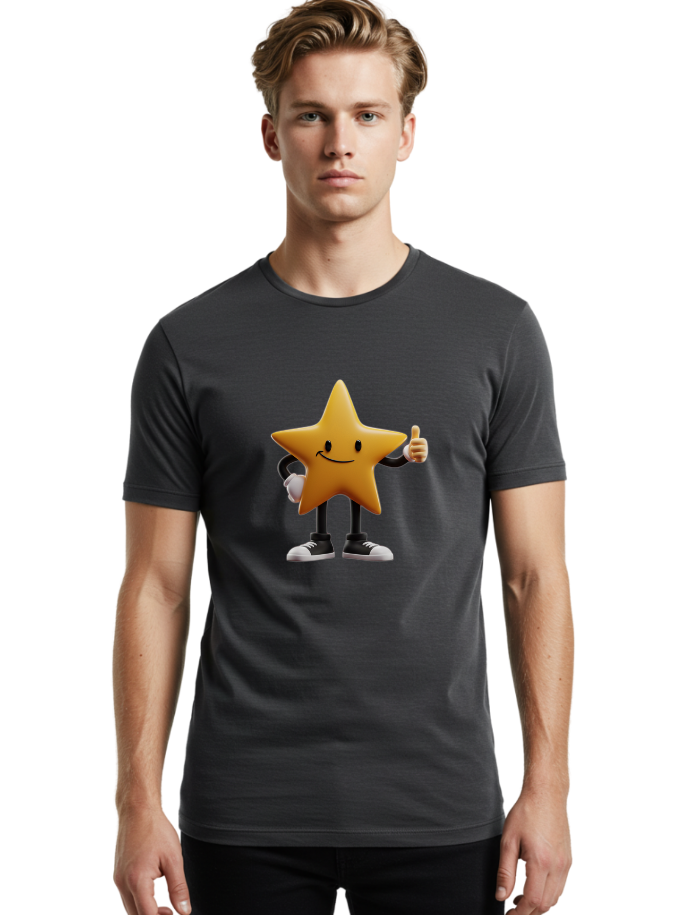 Smiling-Star-4 Men'S Graphic Tee, 100% Cotton, Comfortable Casual Summer Wear, Machine Washable, Smiling Star Character, Thumbs Up Approval, Happy Expression, Cartoon Style, Yellow Star, Black Legs, White Gloves, Black And White Shoes, Bae770