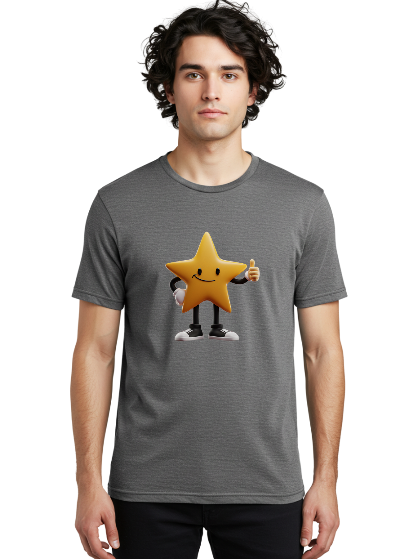 Smiling-Star-4 Men'S Graphic Tee, 100% Cotton, Comfortable Casual Summer Wear, Machine Washable, Smiling Star Character, Thumbs Up Approval, Happy Expression, Cartoon Style, Yellow Star, Black Legs, White Gloves, Black And White Shoes, Bae770