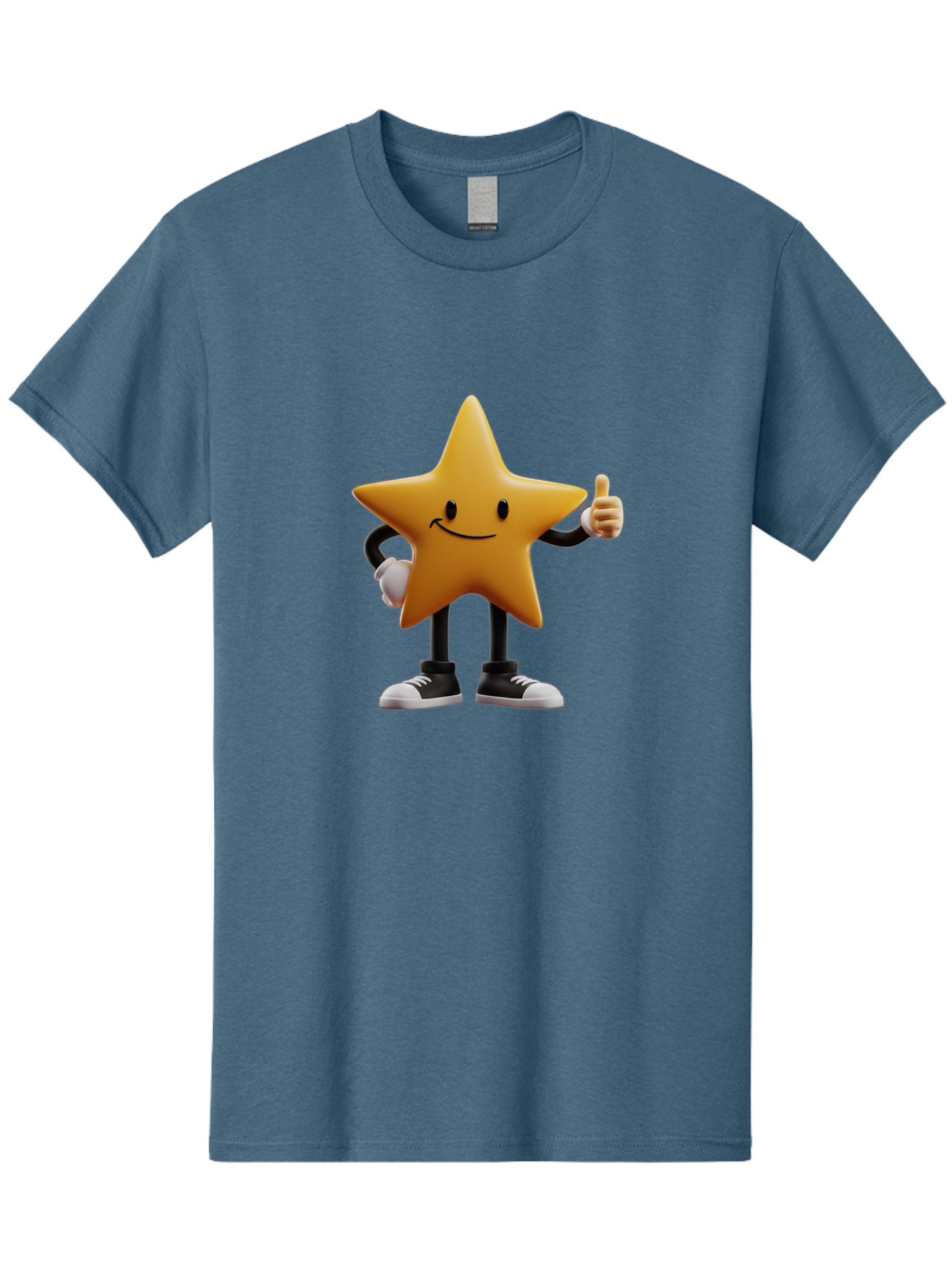 Smiling-Star-4 Men'S Graphic Tee, 100% Cotton, Comfortable Casual Summer Wear, Machine Washable, Smiling Star Character, Thumbs Up Approval, Happy Expression, Cartoon Style, Yellow Star, Black Legs, White Gloves, Black And White Shoes, Bae770