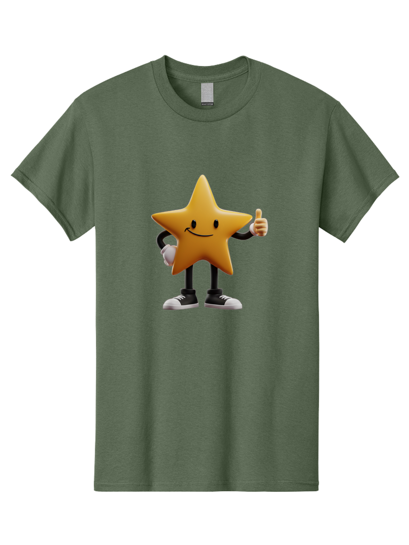 Smiling-Star-4 Men'S Graphic Tee, 100% Cotton, Comfortable Casual Summer Wear, Machine Washable, Smiling Star Character, Thumbs Up Approval, Happy Expression, Cartoon Style, Yellow Star, Black Legs, White Gloves, Black And White Shoes, Bae770