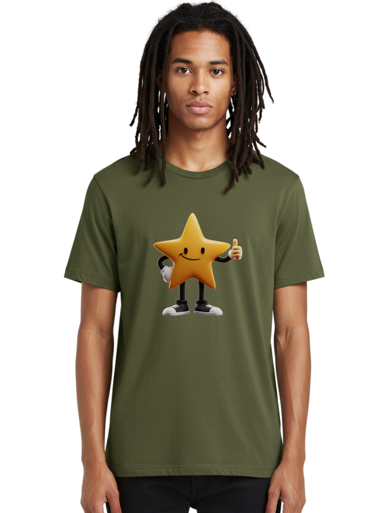 Smiling-Star-4 Men'S Graphic Tee, 100% Cotton, Comfortable Casual Summer Wear, Machine Washable, Smiling Star Character, Thumbs Up Approval, Happy Expression, Cartoon Style, Yellow Star, Black Legs, White Gloves, Black And White Shoes, Bae770