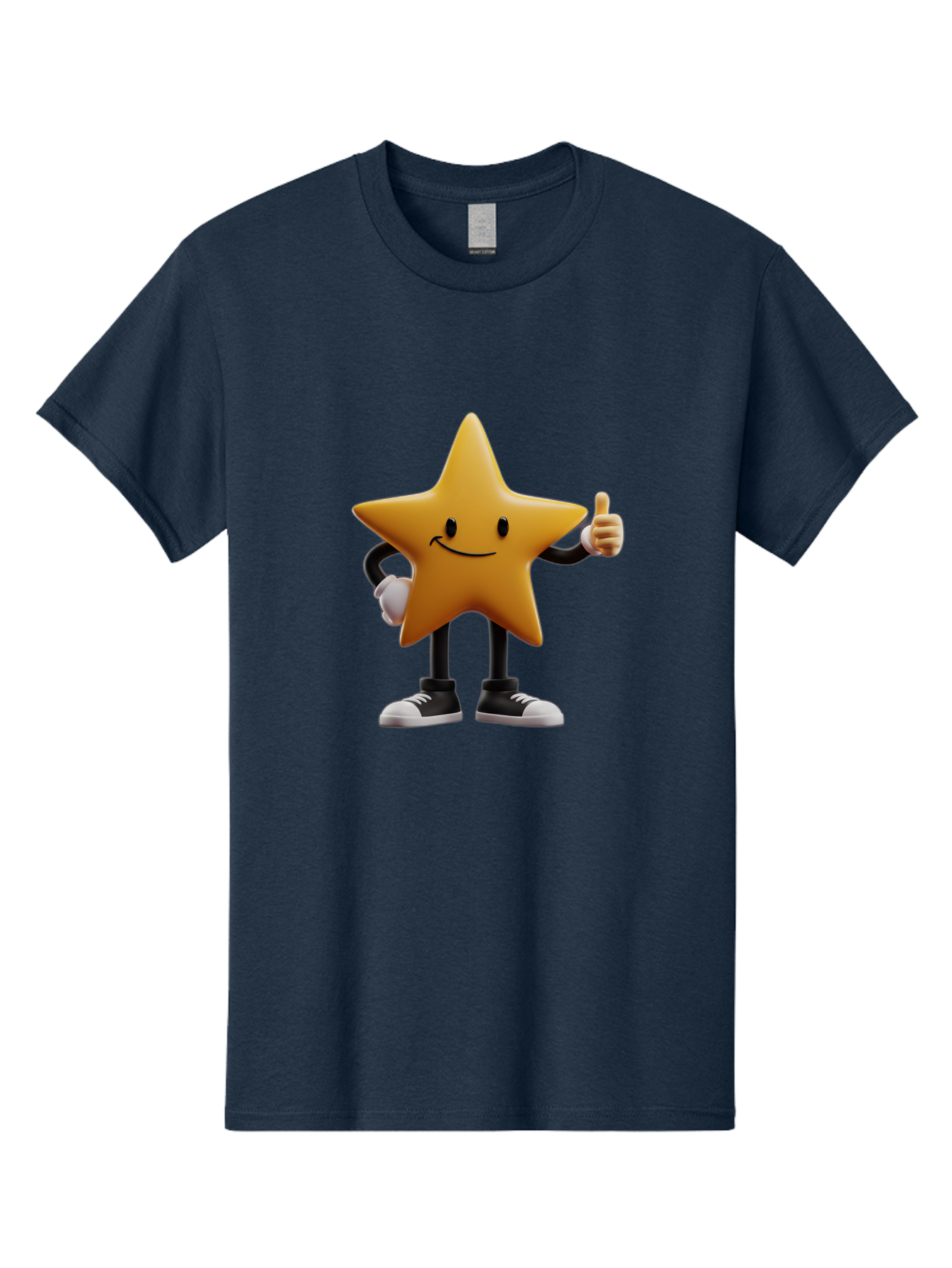 Smiling-Star-4 Men'S Graphic Tee, 100% Cotton, Comfortable Casual Summer Wear, Machine Washable, Smiling Star Character, Thumbs Up Approval, Happy Expression, Cartoon Style, Yellow Star, Black Legs, White Gloves, Black And White Shoes, Bae770
