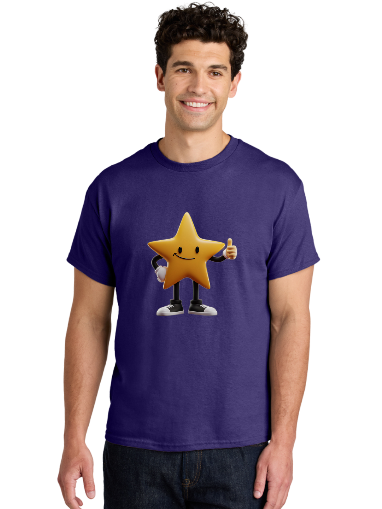 Smiling-Star-4 Men'S Graphic Tee, 100% Cotton, Comfortable Casual Summer Wear, Machine Washable, Smiling Star Character, Thumbs Up Approval, Happy Expression, Cartoon Style, Yellow Star, Black Legs, White Gloves, Black And White Shoes, Bae770