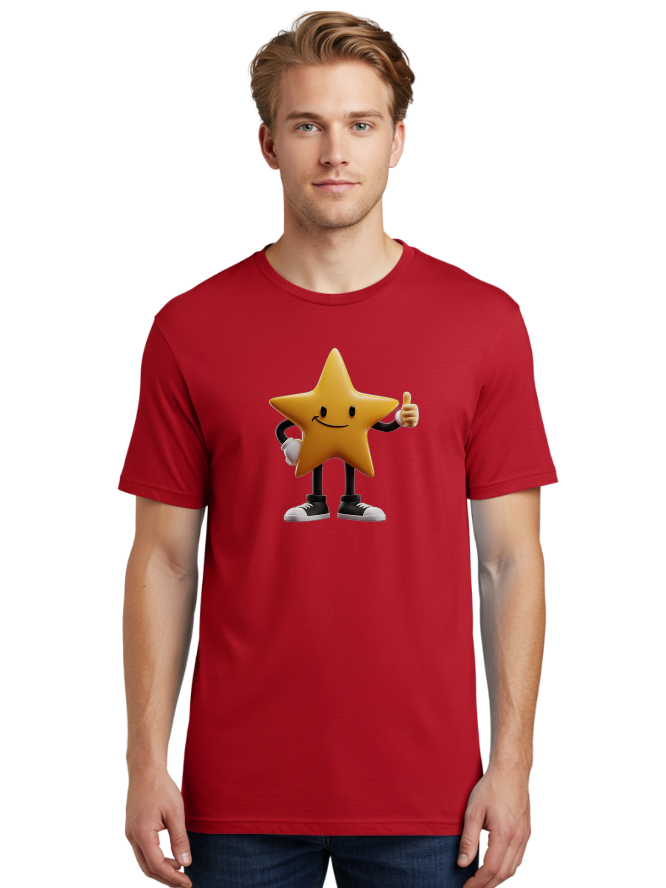 Smiling-Star-4 Men'S Graphic Tee, 100% Cotton, Comfortable Casual Summer Wear, Machine Washable, Smiling Star Character, Thumbs Up Approval, Happy Expression, Cartoon Style, Yellow Star, Black Legs, White Gloves, Black And White Shoes, Bae770