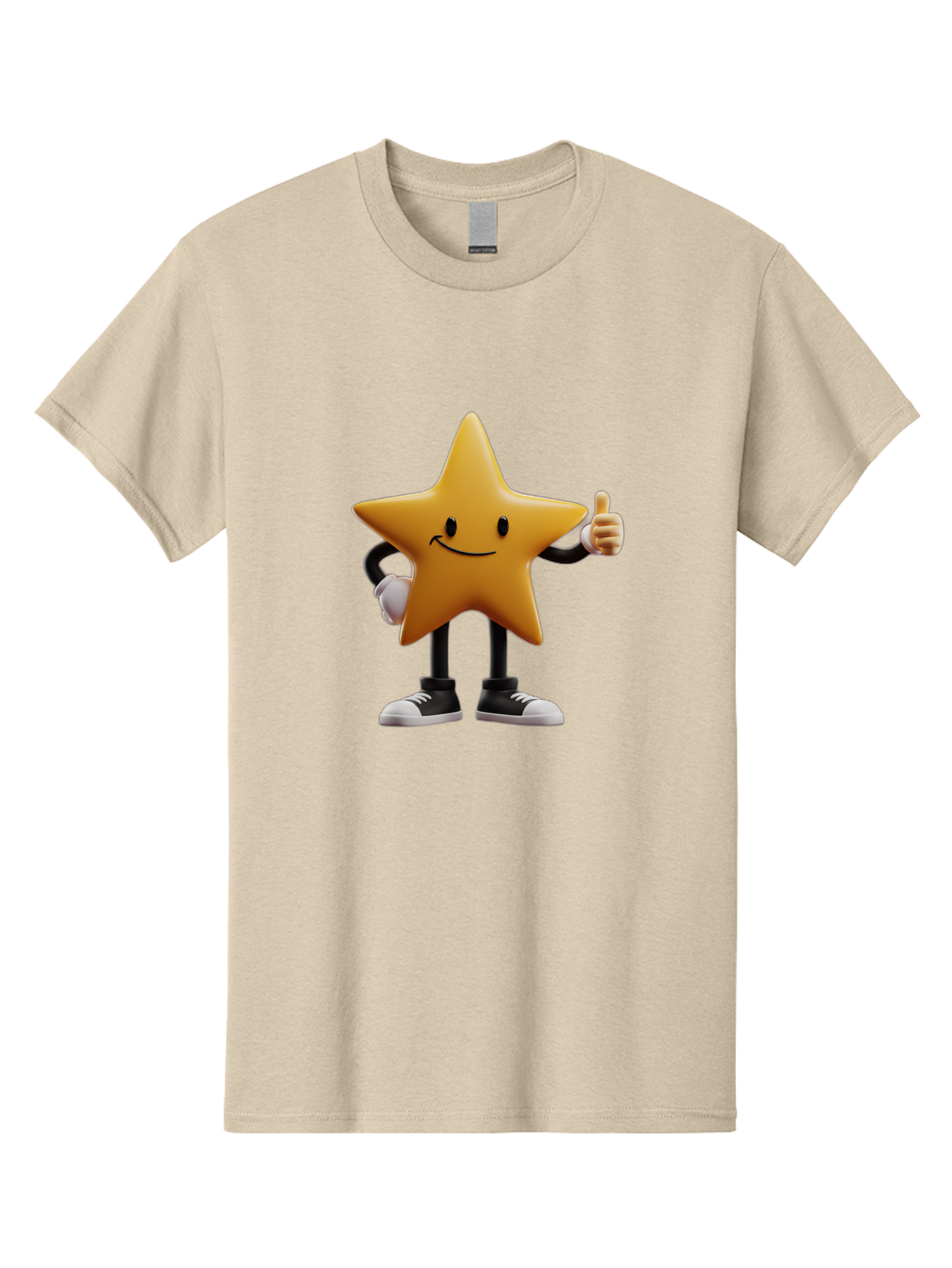 Smiling-Star-4 Men'S Graphic Tee, 100% Cotton, Comfortable Casual Summer Wear, Machine Washable, Smiling Star Character, Thumbs Up Approval, Happy Expression, Cartoon Style, Yellow Star, Black Legs, White Gloves, Black And White Shoes, Bae770