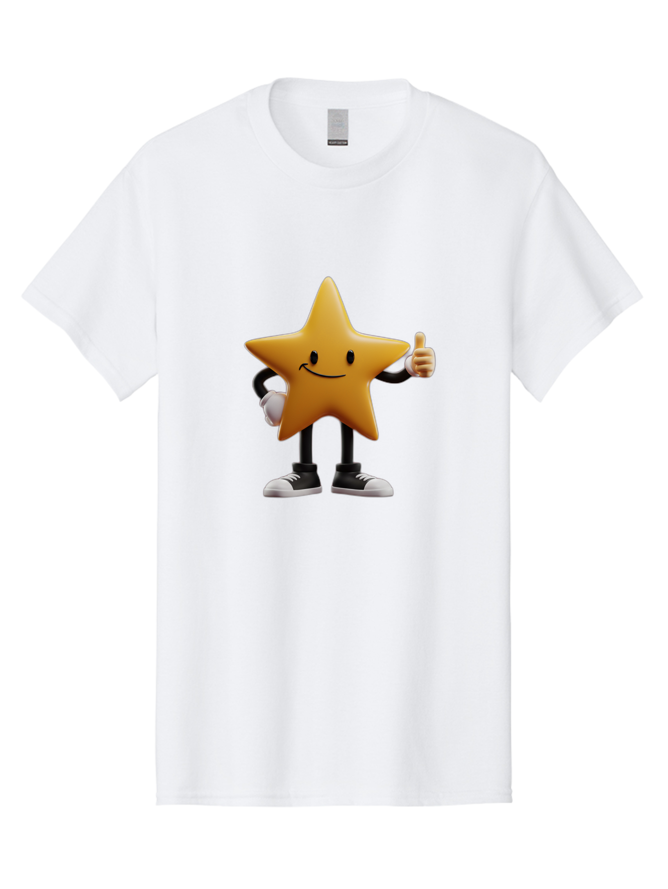 Smiling-Star-4 Men'S Graphic Tee, 100% Cotton, Comfortable Casual Summer Wear, Machine Washable, Smiling Star Character, Thumbs Up Approval, Happy Expression, Cartoon Style, Yellow Star, Black Legs, White Gloves, Black And White Shoes, Bae770