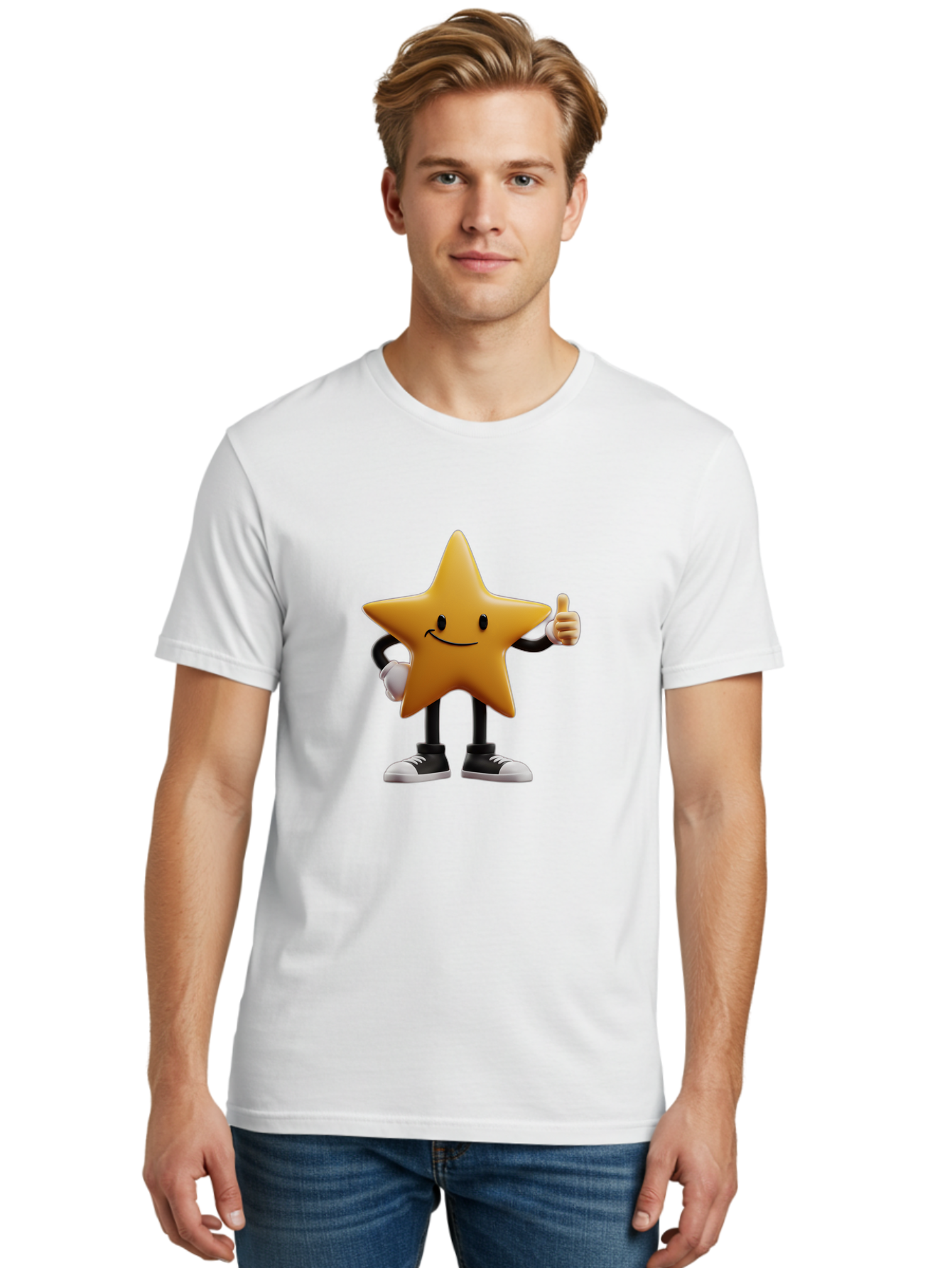 Smiling-Star-4 Men'S Graphic Tee, 100% Cotton, Comfortable Casual Summer Wear, Machine Washable, Smiling Star Character, Thumbs Up Approval, Happy Expression, Cartoon Style, Yellow Star, Black Legs, White Gloves, Black And White Shoes, Bae770