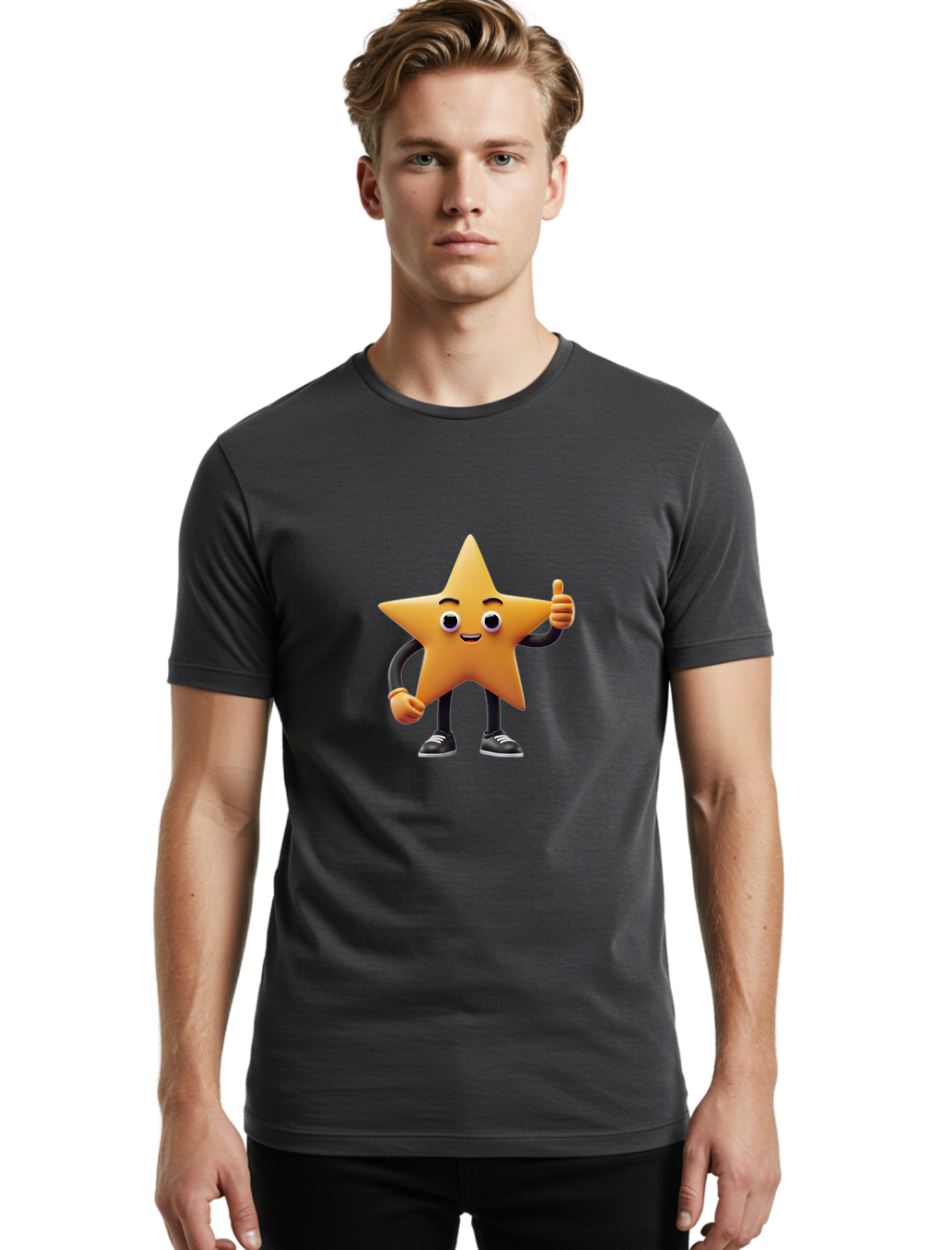 Smiling-Star-Character Men'S Graphic Tee, 100% Cotton, Comfortable Casual Summer Wear, Machine Washable, Star Character, Thumbs Up, Approval, Positivity, Cartoon Style, Happy Face, Friendly Gesture, Approval Symbol, Five-Pointed Star, Bae771
