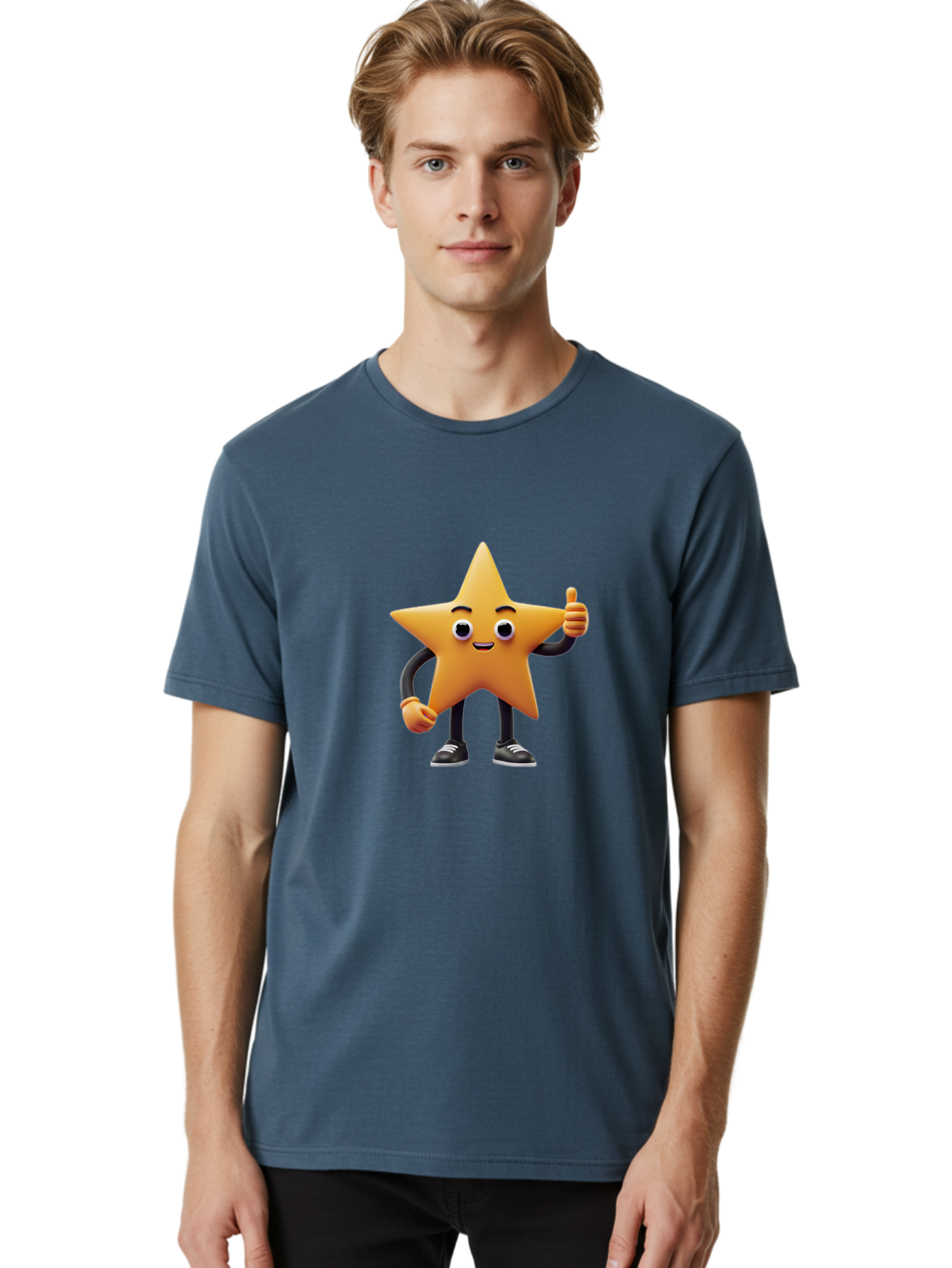 Smiling-Star-Character Men'S Graphic Tee, 100% Cotton, Comfortable Casual Summer Wear, Machine Washable, Star Character, Thumbs Up, Approval, Positivity, Cartoon Style, Happy Face, Friendly Gesture, Approval Symbol, Five-Pointed Star, Bae771