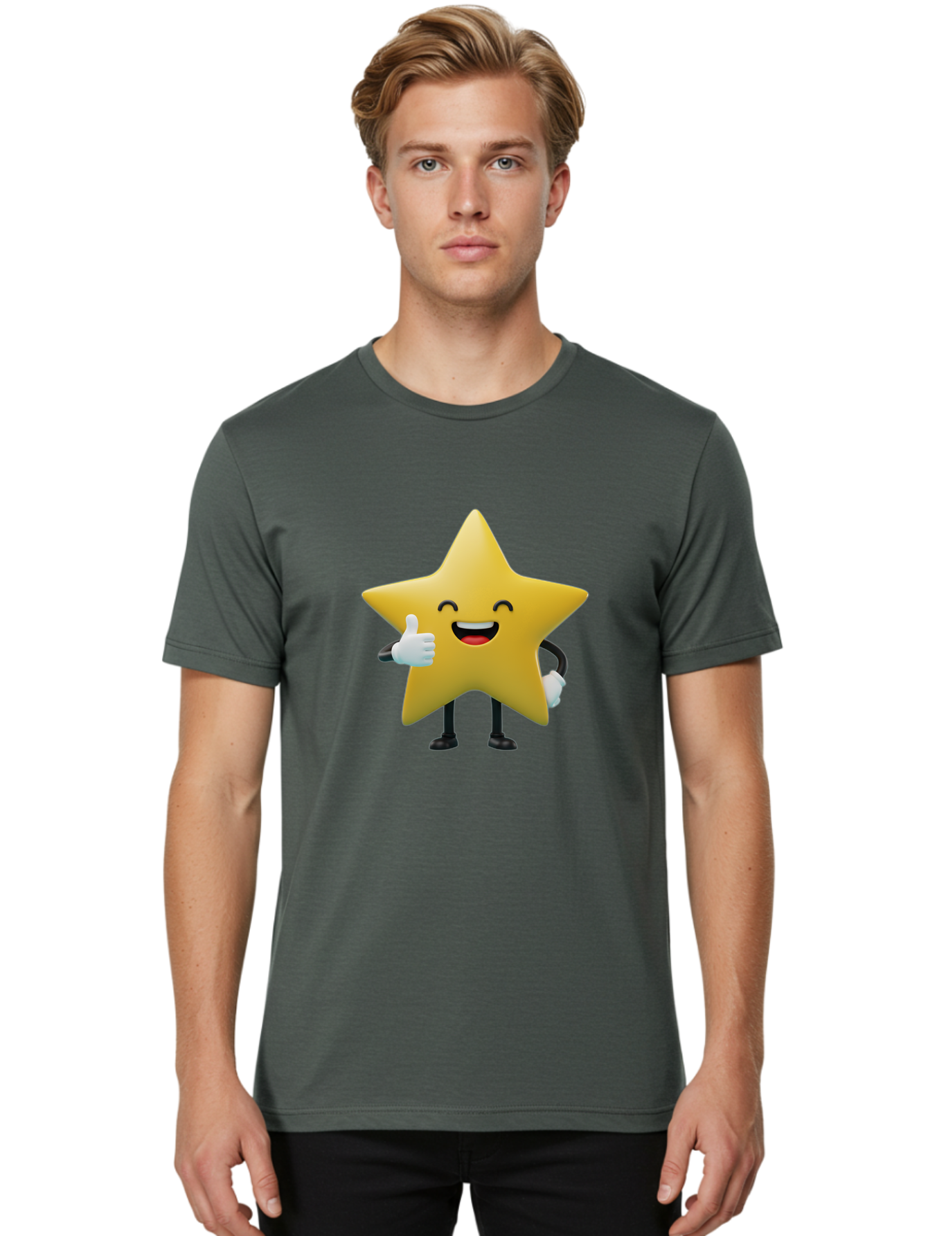 Smiling-Star Men'S Graphic Tee, 100% Cotton, Comfortable Casual Summer Wear, Machine Washable, Cartoon Star, Yellow Star, Thumbs Up, Happy Face, Animated Character, Smiling Star, Friendly Mascot, Positive Gesture, Star Illustration, Bae772