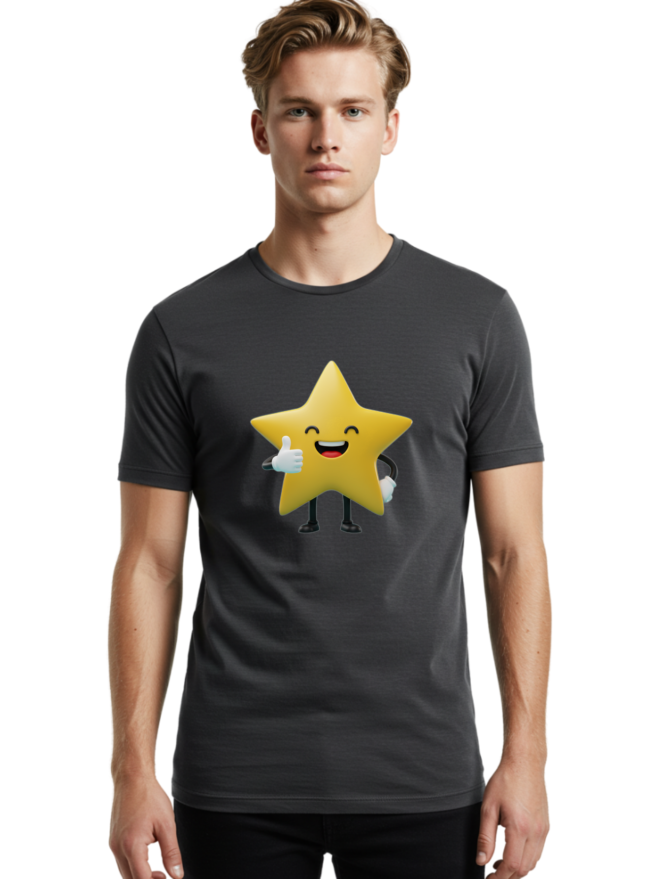 Smiling-Star Men'S Graphic Tee, 100% Cotton, Comfortable Casual Summer Wear, Machine Washable, Cartoon Star, Yellow Star, Thumbs Up, Happy Face, Animated Character, Smiling Star, Friendly Mascot, Positive Gesture, Star Illustration, Bae772
