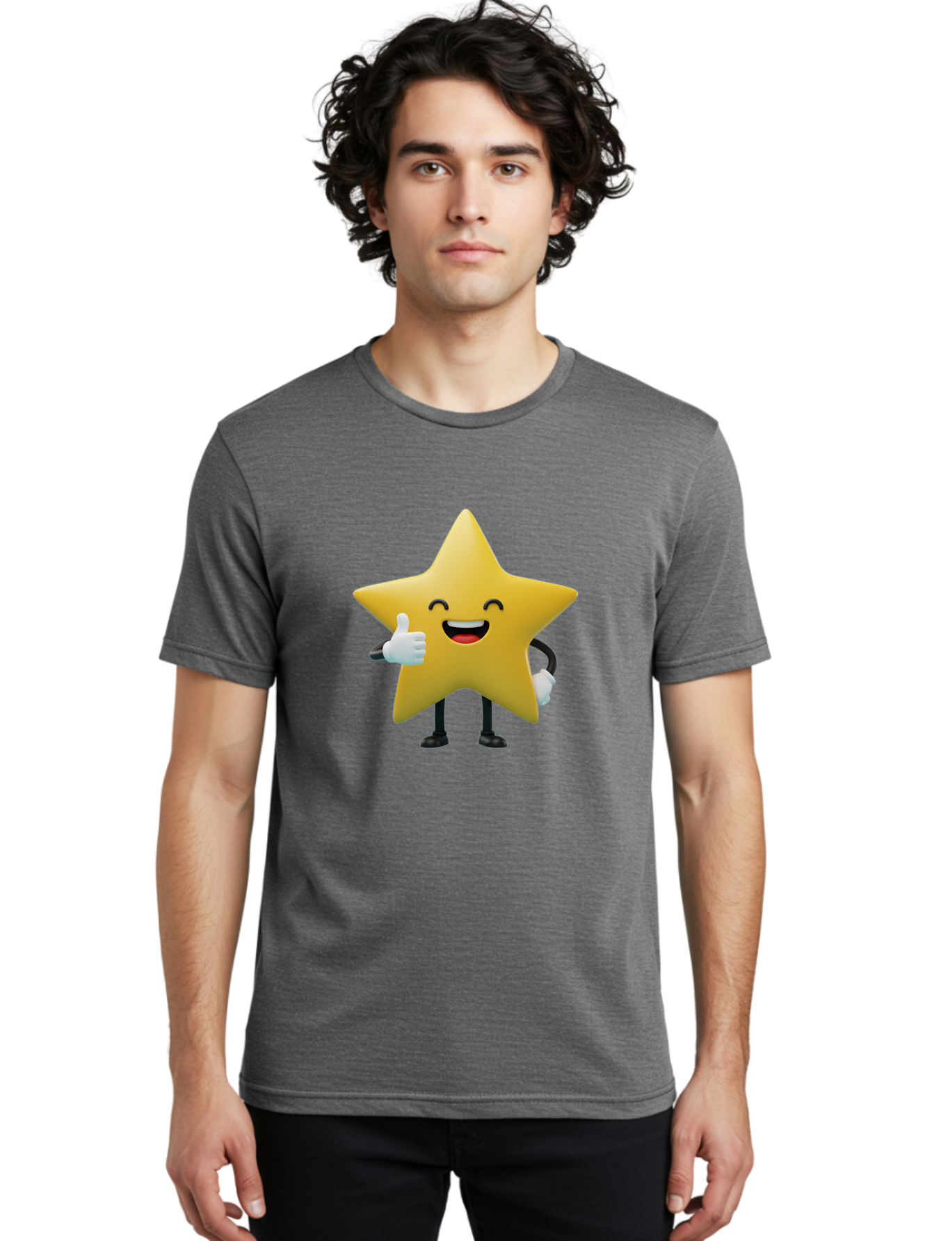 Smiling-Star Men'S Graphic Tee, 100% Cotton, Comfortable Casual Summer Wear, Machine Washable, Cartoon Star, Yellow Star, Thumbs Up, Happy Face, Animated Character, Smiling Star, Friendly Mascot, Positive Gesture, Star Illustration, Bae772