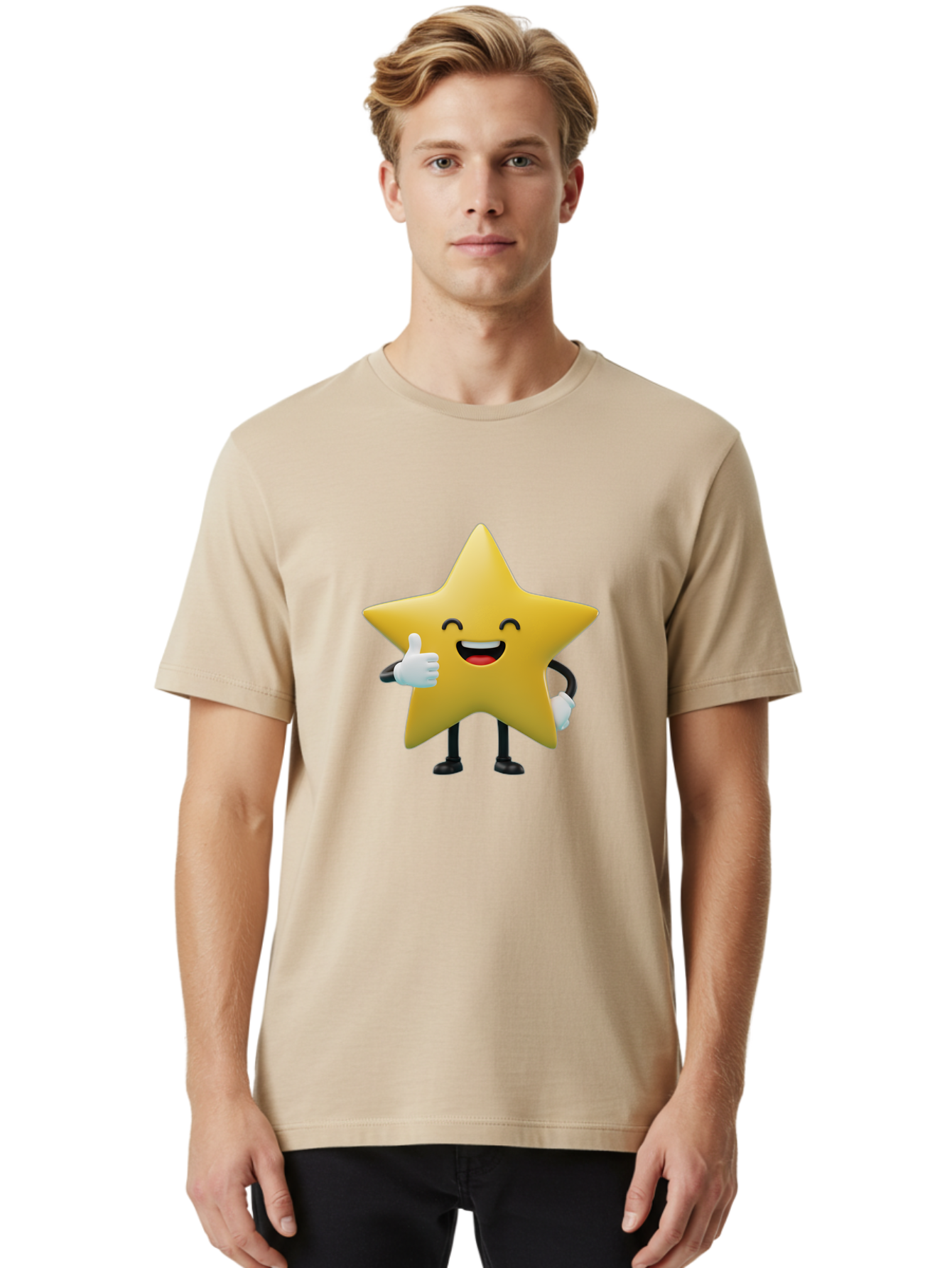 Smiling-Star Men'S Graphic Tee, 100% Cotton, Comfortable Casual Summer Wear, Machine Washable, Cartoon Star, Yellow Star, Thumbs Up, Happy Face, Animated Character, Smiling Star, Friendly Mascot, Positive Gesture, Star Illustration, Bae772