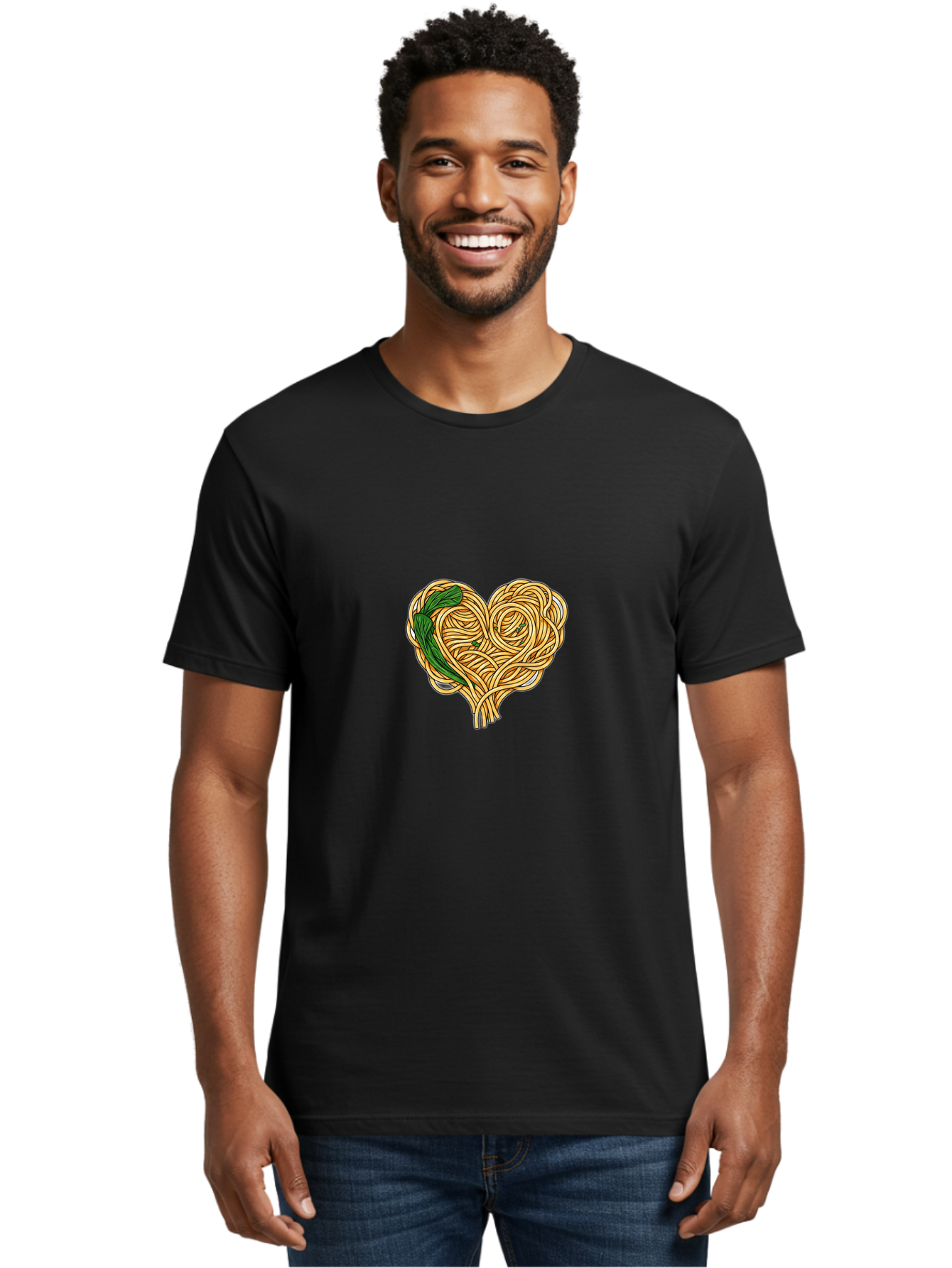 Spaghetti-Heart Men'S Graphic Tee, 100% Cotton, Comfortable Casual Summer Wear, Machine Washable, Spaghetti In Heart Shape, Tangled Noodles, Basil Leaves, Italian Cuisine, Pasta Art, Food Illustration, Culinary Design, Love Theme Bae774
