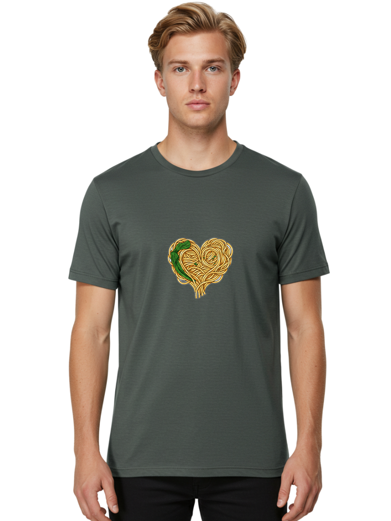 Spaghetti-Heart Men'S Graphic Tee, 100% Cotton, Comfortable Casual Summer Wear, Machine Washable, Spaghetti In Heart Shape, Tangled Noodles, Basil Leaves, Italian Cuisine, Pasta Art, Food Illustration, Culinary Design, Love Theme Bae774