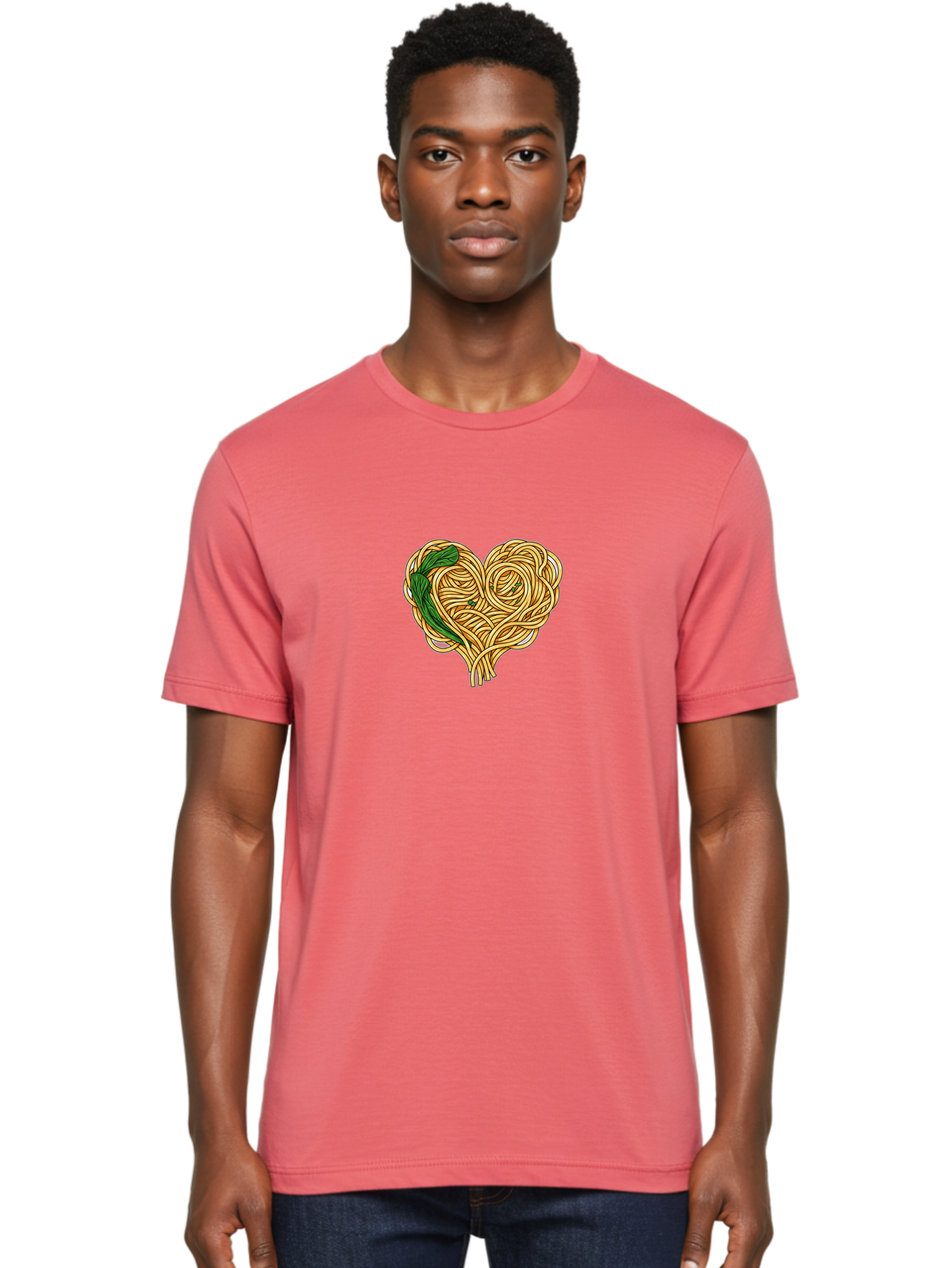 Spaghetti-Heart Men'S Graphic Tee, 100% Cotton, Comfortable Casual Summer Wear, Machine Washable, Spaghetti In Heart Shape, Tangled Noodles, Basil Leaves, Italian Cuisine, Pasta Art, Food Illustration, Culinary Design, Love Theme Bae774