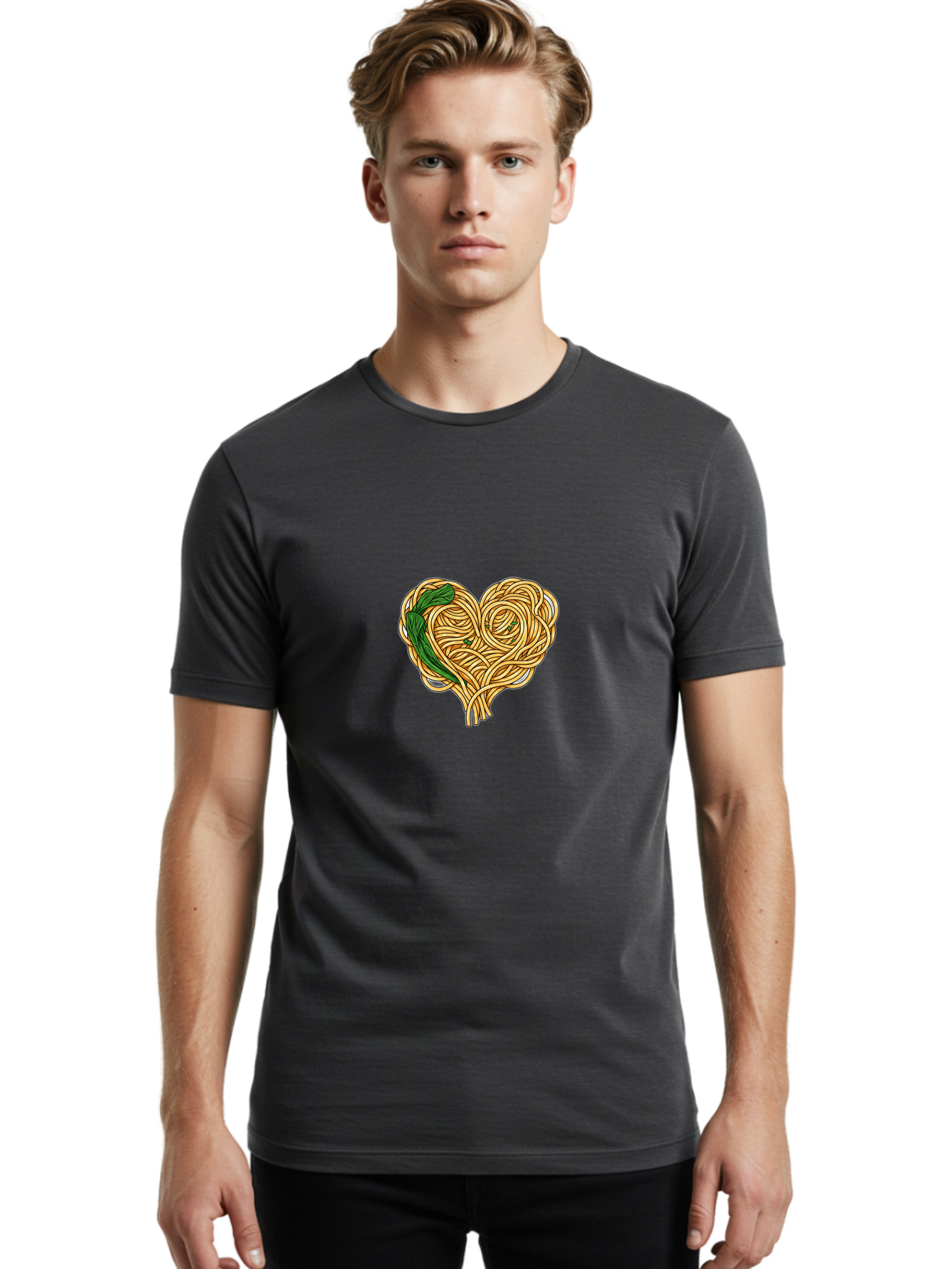Spaghetti-Heart Men'S Graphic Tee, 100% Cotton, Comfortable Casual Summer Wear, Machine Washable, Spaghetti In Heart Shape, Tangled Noodles, Basil Leaves, Italian Cuisine, Pasta Art, Food Illustration, Culinary Design, Love Theme Bae774