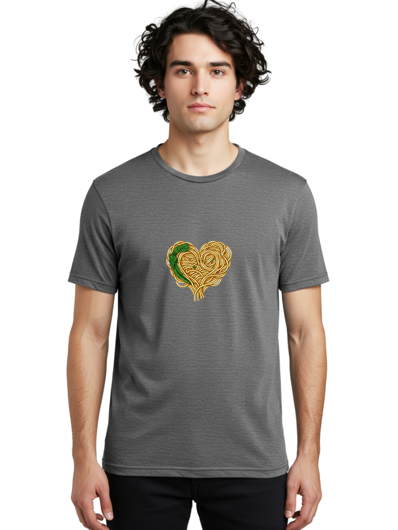 Spaghetti-Heart Men'S Graphic Tee, 100% Cotton, Comfortable Casual Summer Wear, Machine Washable, Spaghetti In Heart Shape, Tangled Noodles, Basil Leaves, Italian Cuisine, Pasta Art, Food Illustration, Culinary Design, Love Theme Bae774