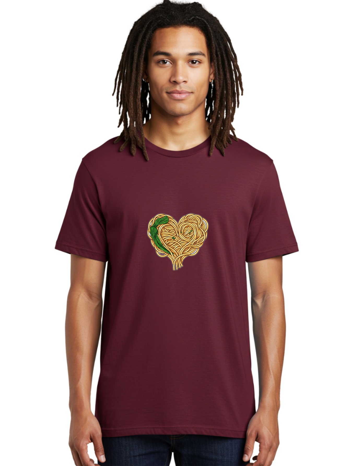 Spaghetti-Heart Men'S Graphic Tee, 100% Cotton, Comfortable Casual Summer Wear, Machine Washable, Spaghetti In Heart Shape, Tangled Noodles, Basil Leaves, Italian Cuisine, Pasta Art, Food Illustration, Culinary Design, Love Theme Bae774