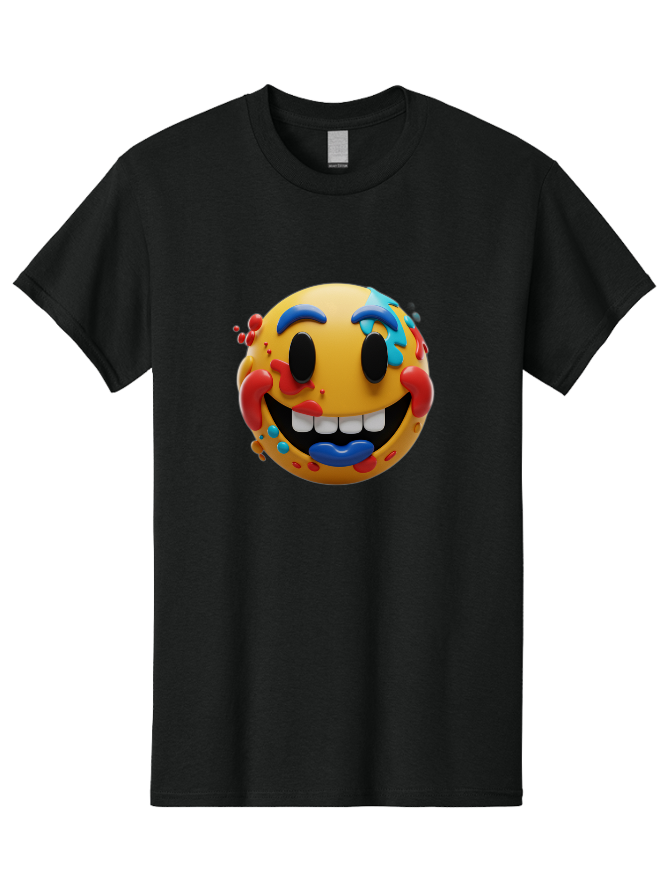 Splattered-Emoji Men'S Graphic Tee, 100% Cotton, Comfortable Casual Summer Wear, Machine Washable, 3D Smiley Face, Cartoon Character, Happy Expression, Vibrant Colors, Paint Splatters, Funny Emoji, Playful Design, Yellow Face, Blue Eyebrows, Bae775