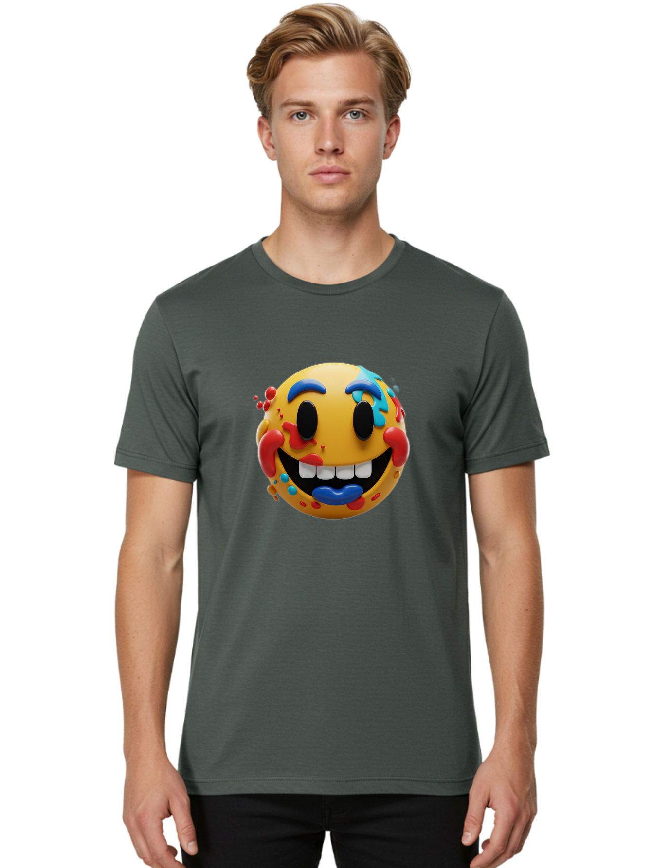 Splattered-Emoji Men'S Graphic Tee, 100% Cotton, Comfortable Casual Summer Wear, Machine Washable, 3D Smiley Face, Cartoon Character, Happy Expression, Vibrant Colors, Paint Splatters, Funny Emoji, Playful Design, Yellow Face, Blue Eyebrows, Bae775