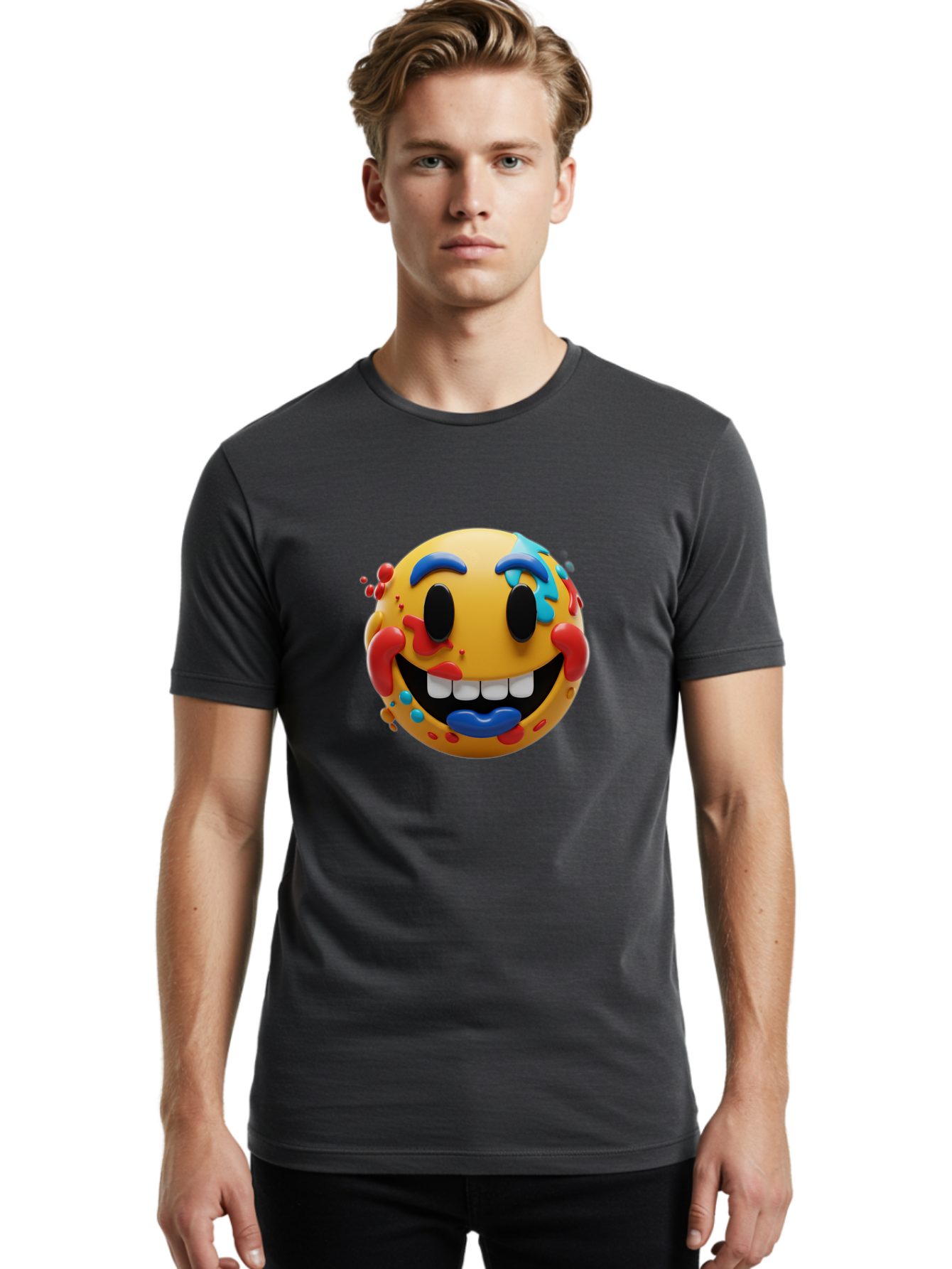 Splattered-Emoji Men'S Graphic Tee, 100% Cotton, Comfortable Casual Summer Wear, Machine Washable, 3D Smiley Face, Cartoon Character, Happy Expression, Vibrant Colors, Paint Splatters, Funny Emoji, Playful Design, Yellow Face, Blue Eyebrows, Bae775