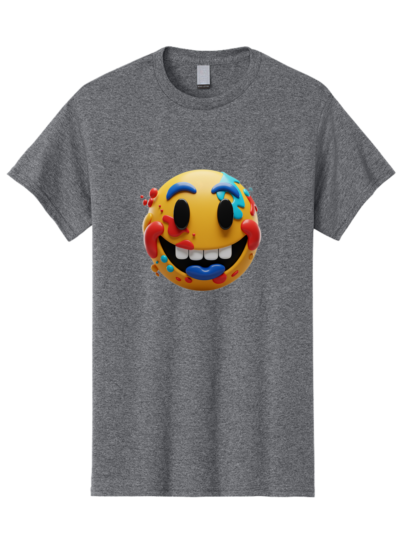 Splattered-Emoji Men'S Graphic Tee, 100% Cotton, Comfortable Casual Summer Wear, Machine Washable, 3D Smiley Face, Cartoon Character, Happy Expression, Vibrant Colors, Paint Splatters, Funny Emoji, Playful Design, Yellow Face, Blue Eyebrows, Bae775
