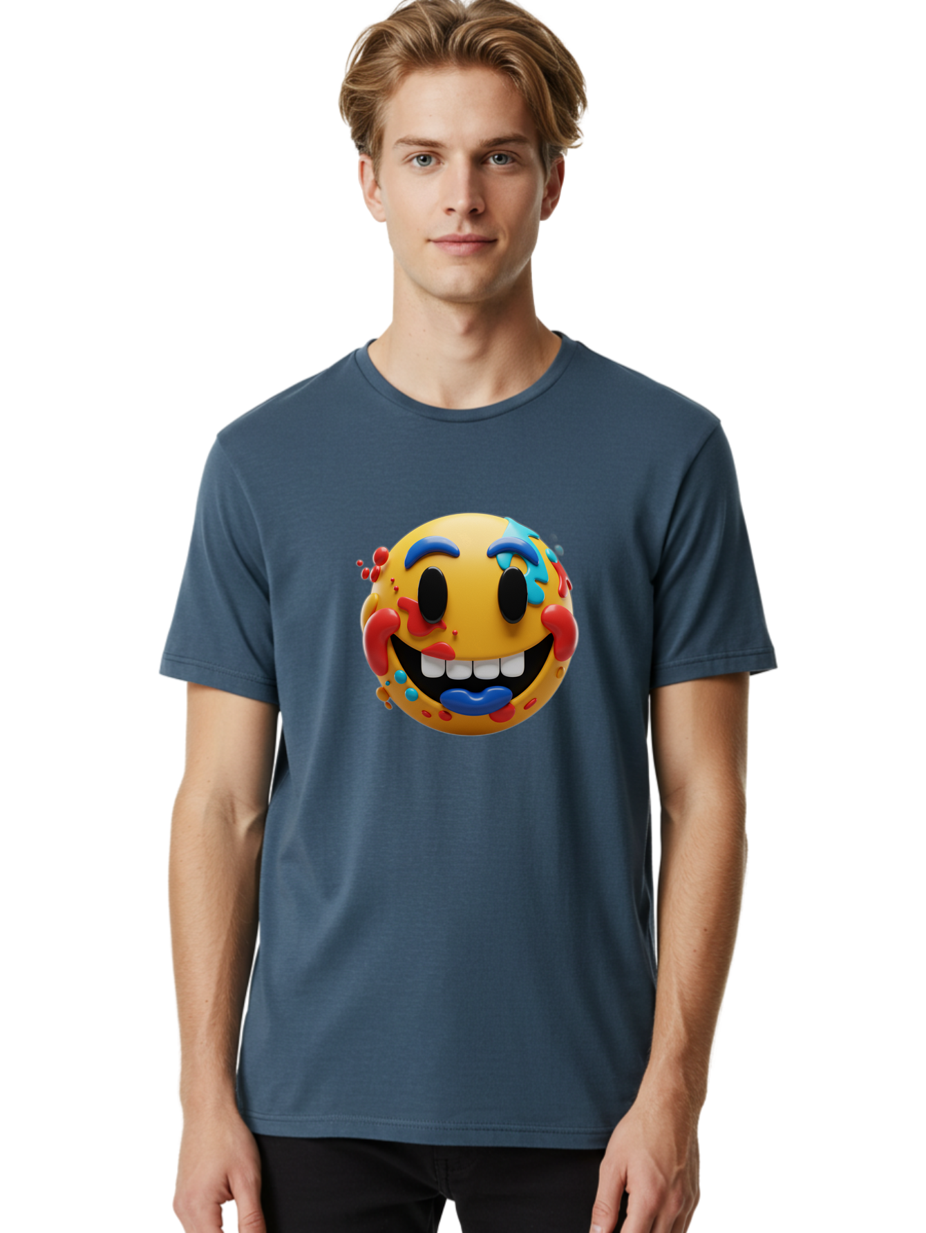Splattered-Emoji Men'S Graphic Tee, 100% Cotton, Comfortable Casual Summer Wear, Machine Washable, 3D Smiley Face, Cartoon Character, Happy Expression, Vibrant Colors, Paint Splatters, Funny Emoji, Playful Design, Yellow Face, Blue Eyebrows, Bae775