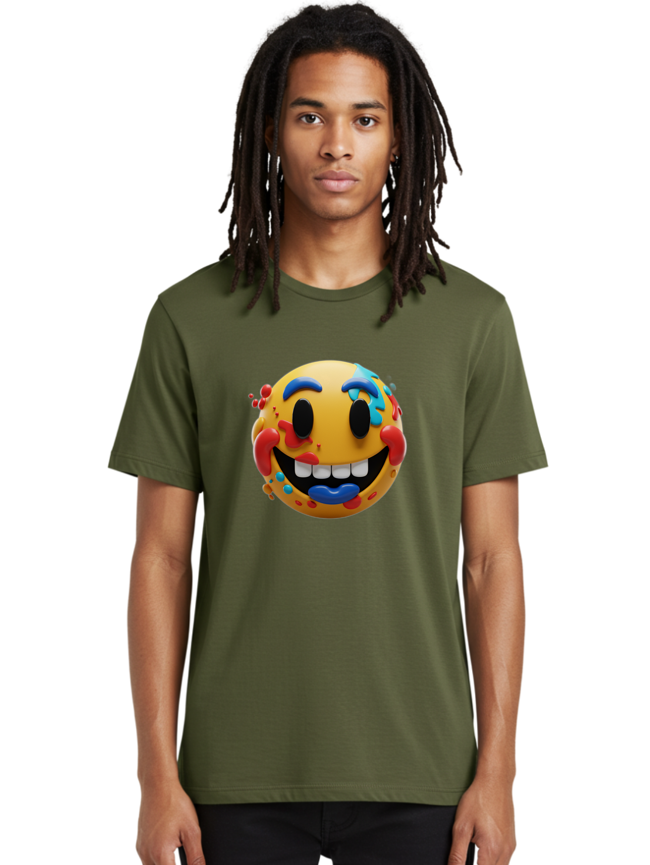 Splattered-Emoji Men'S Graphic Tee, 100% Cotton, Comfortable Casual Summer Wear, Machine Washable, 3D Smiley Face, Cartoon Character, Happy Expression, Vibrant Colors, Paint Splatters, Funny Emoji, Playful Design, Yellow Face, Blue Eyebrows, Bae775