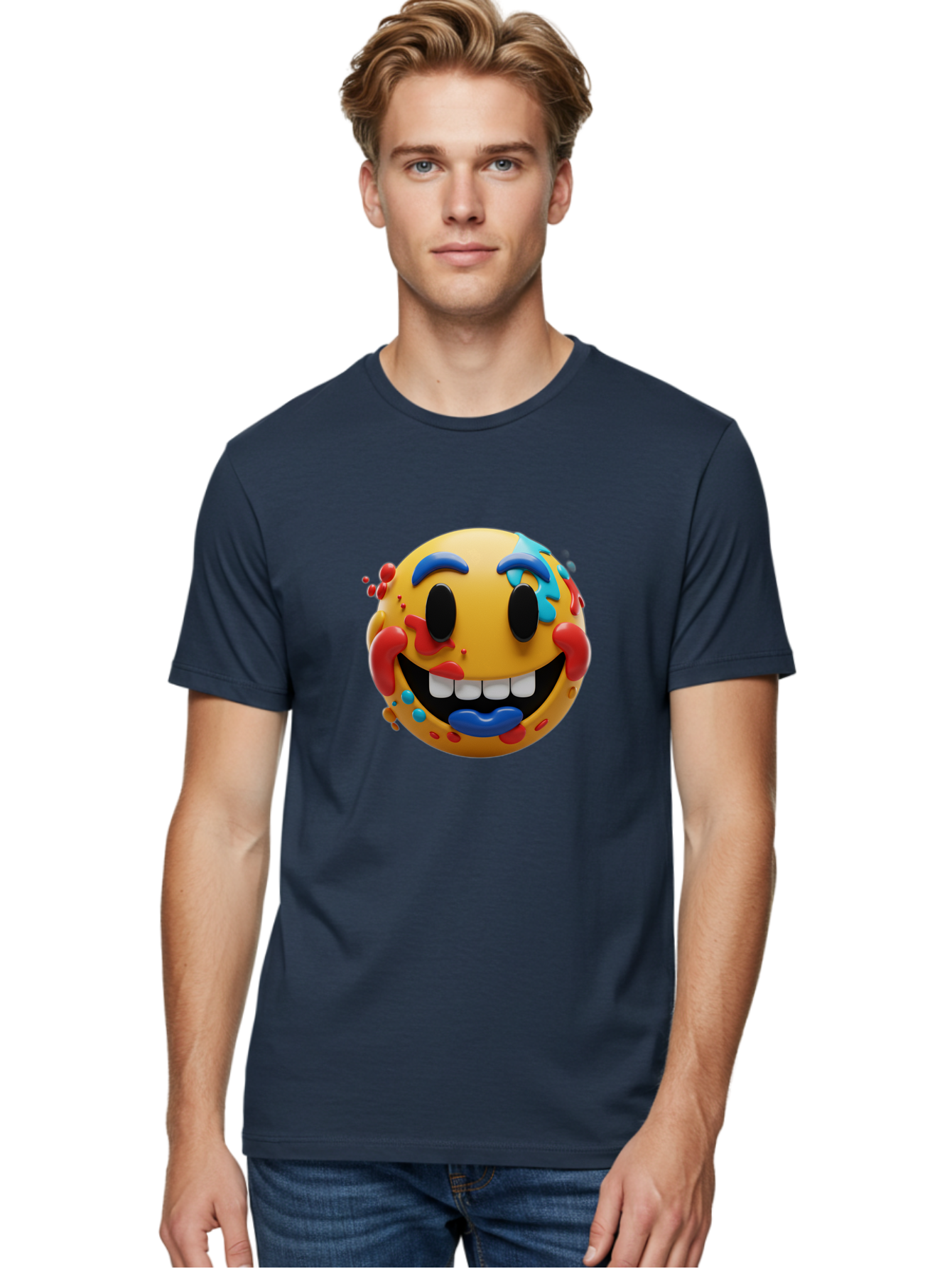 Splattered-Emoji Men'S Graphic Tee, 100% Cotton, Comfortable Casual Summer Wear, Machine Washable, 3D Smiley Face, Cartoon Character, Happy Expression, Vibrant Colors, Paint Splatters, Funny Emoji, Playful Design, Yellow Face, Blue Eyebrows, Bae775