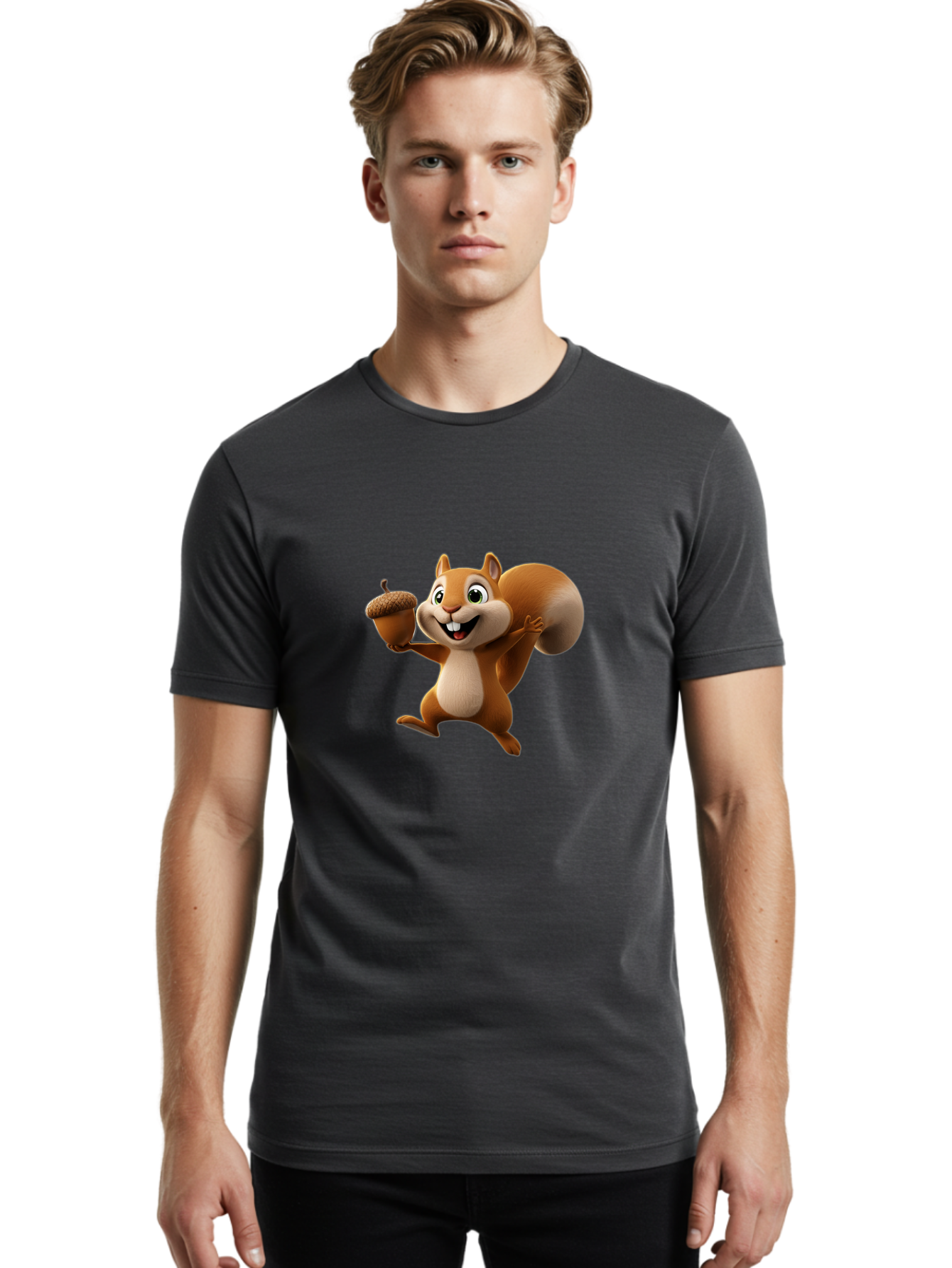 Squirrel-With-Acorn Men'S Graphic Tee, 100% Cotton, Comfortable Casual Summer Wear, Machine Washable, Cartoon Squirrel, Happy Squirrel, Acorn, Forest Animal, Cute Cartoon Character, Squirrel Character, Funny Squirrel, Squirrel Graphics Bae776