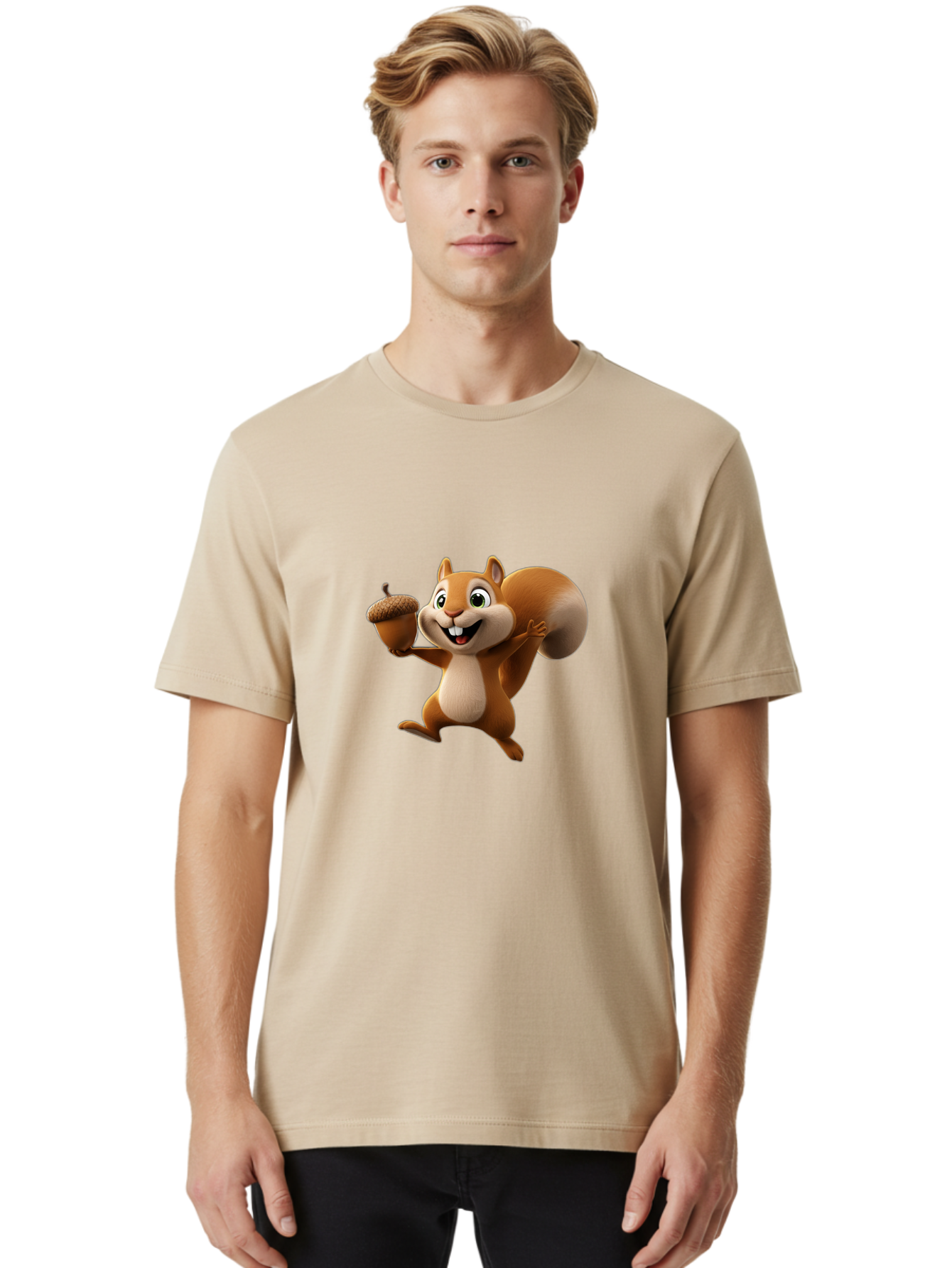 Squirrel-With-Acorn Men'S Graphic Tee, 100% Cotton, Comfortable Casual Summer Wear, Machine Washable, Cartoon Squirrel, Happy Squirrel, Acorn, Forest Animal, Cute Cartoon Character, Squirrel Character, Funny Squirrel, Squirrel Graphics Bae776