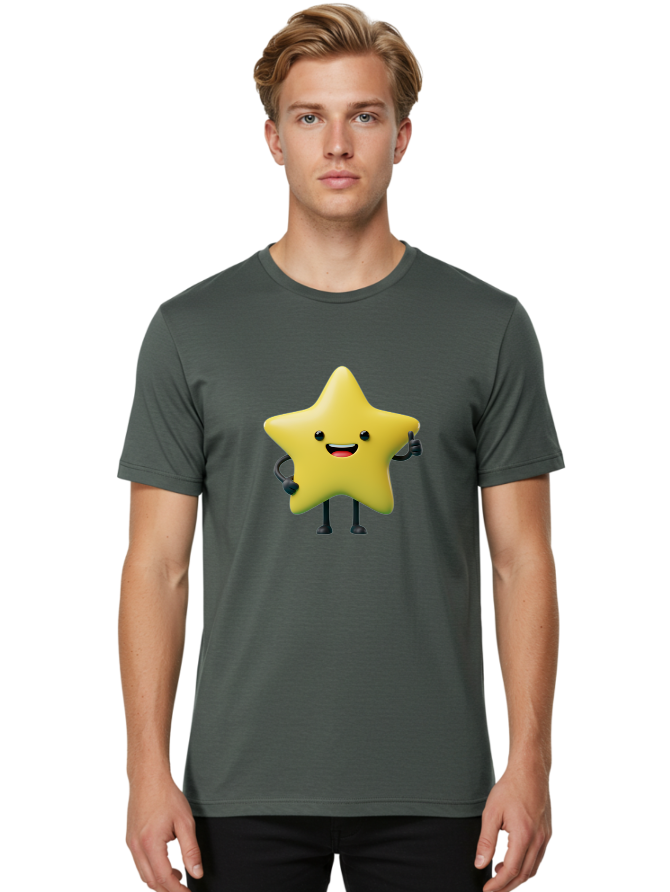 Star-Character-1 Men'S Graphic Tee, 100% Cotton, Comfortable Casual Summer Wear, Machine Washable, Smiling Star Character, Cartoon Star, 3D Illustration, Happy Face, Cute Character Design, Yellow Star, Star With Arms And Legs, Funny Graphics, Bae777