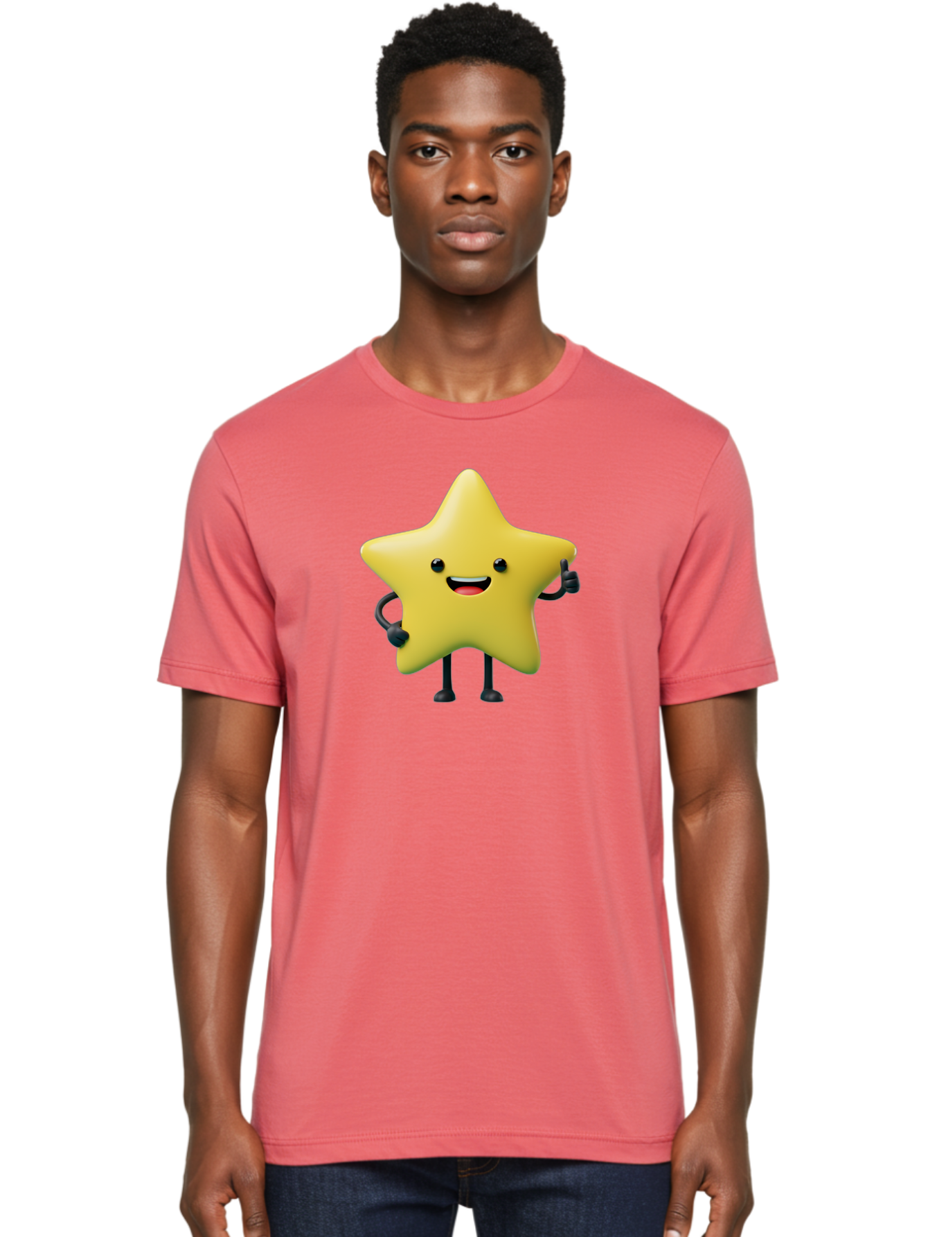 Star-Character-1 Men'S Graphic Tee, 100% Cotton, Comfortable Casual Summer Wear, Machine Washable, Smiling Star Character, Cartoon Star, 3D Illustration, Happy Face, Cute Character Design, Yellow Star, Star With Arms And Legs, Funny Graphics, Bae777