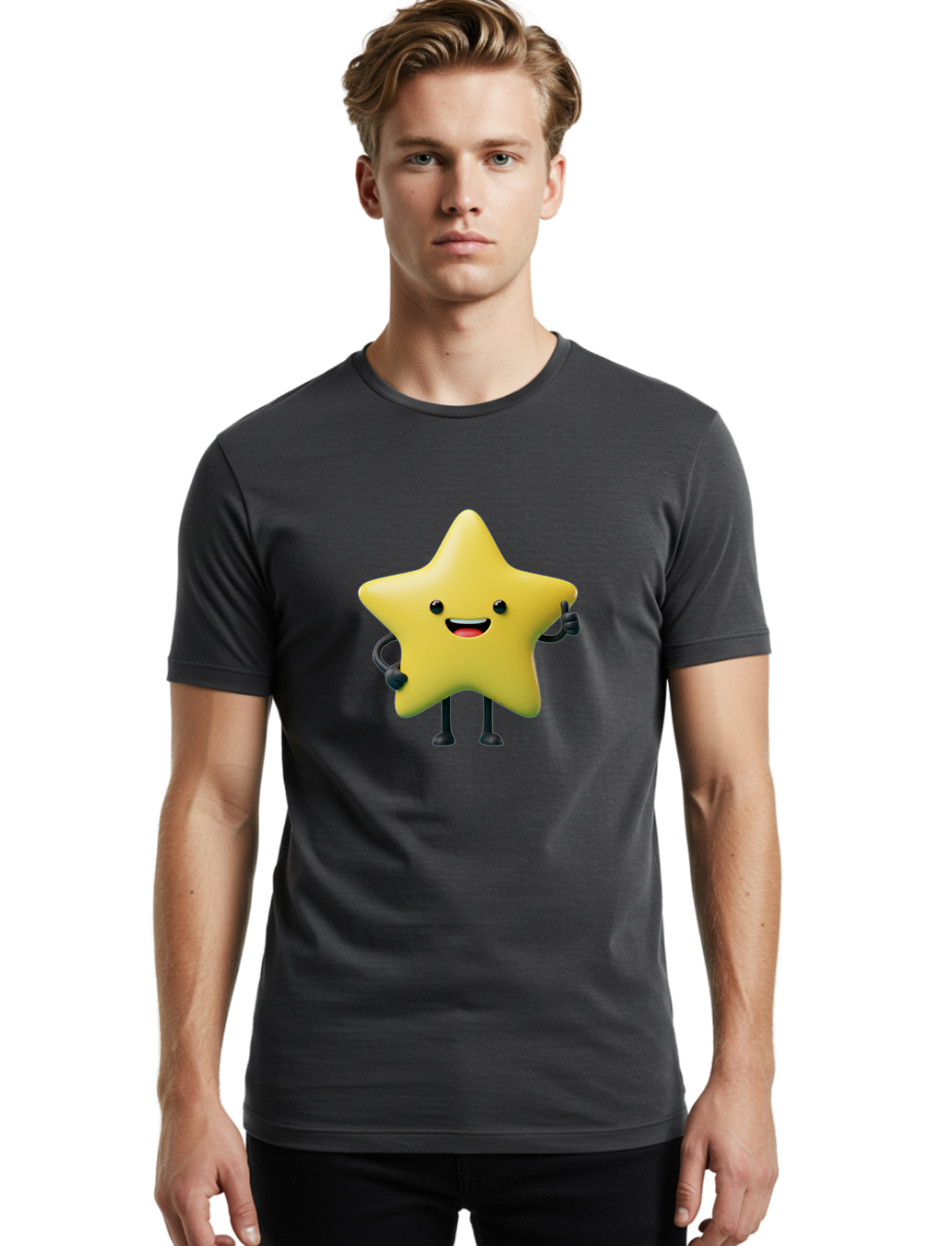 Star-Character-1 Men'S Graphic Tee, 100% Cotton, Comfortable Casual Summer Wear, Machine Washable, Smiling Star Character, Cartoon Star, 3D Illustration, Happy Face, Cute Character Design, Yellow Star, Star With Arms And Legs, Funny Graphics, Bae777