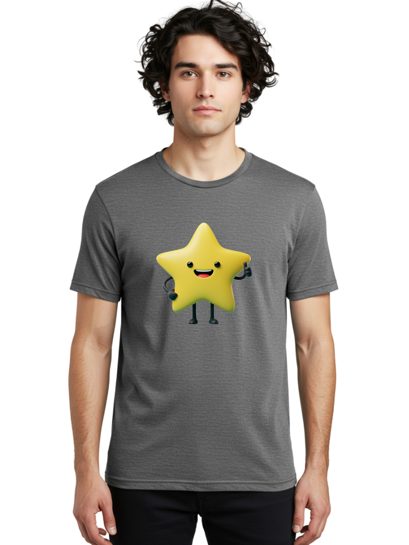Star-Character-1 Men'S Graphic Tee, 100% Cotton, Comfortable Casual Summer Wear, Machine Washable, Smiling Star Character, Cartoon Star, 3D Illustration, Happy Face, Cute Character Design, Yellow Star, Star With Arms And Legs, Funny Graphics, Bae777