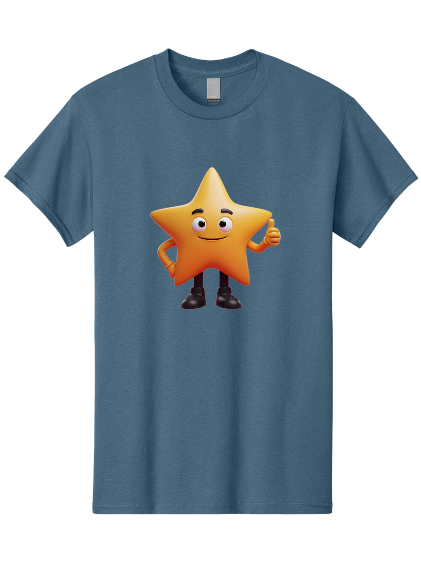 Star-Character-2 Men'S Graphic Tee, 100% Cotton, Comfortable Casual Summer Wear, Machine Washable, Cartoon Star, Smiling Face, Thumbs Up, Positive Attitude, Friendly Character, 3D Illustration, Animated Star, Hand Gesture, Black Shoes Bae778