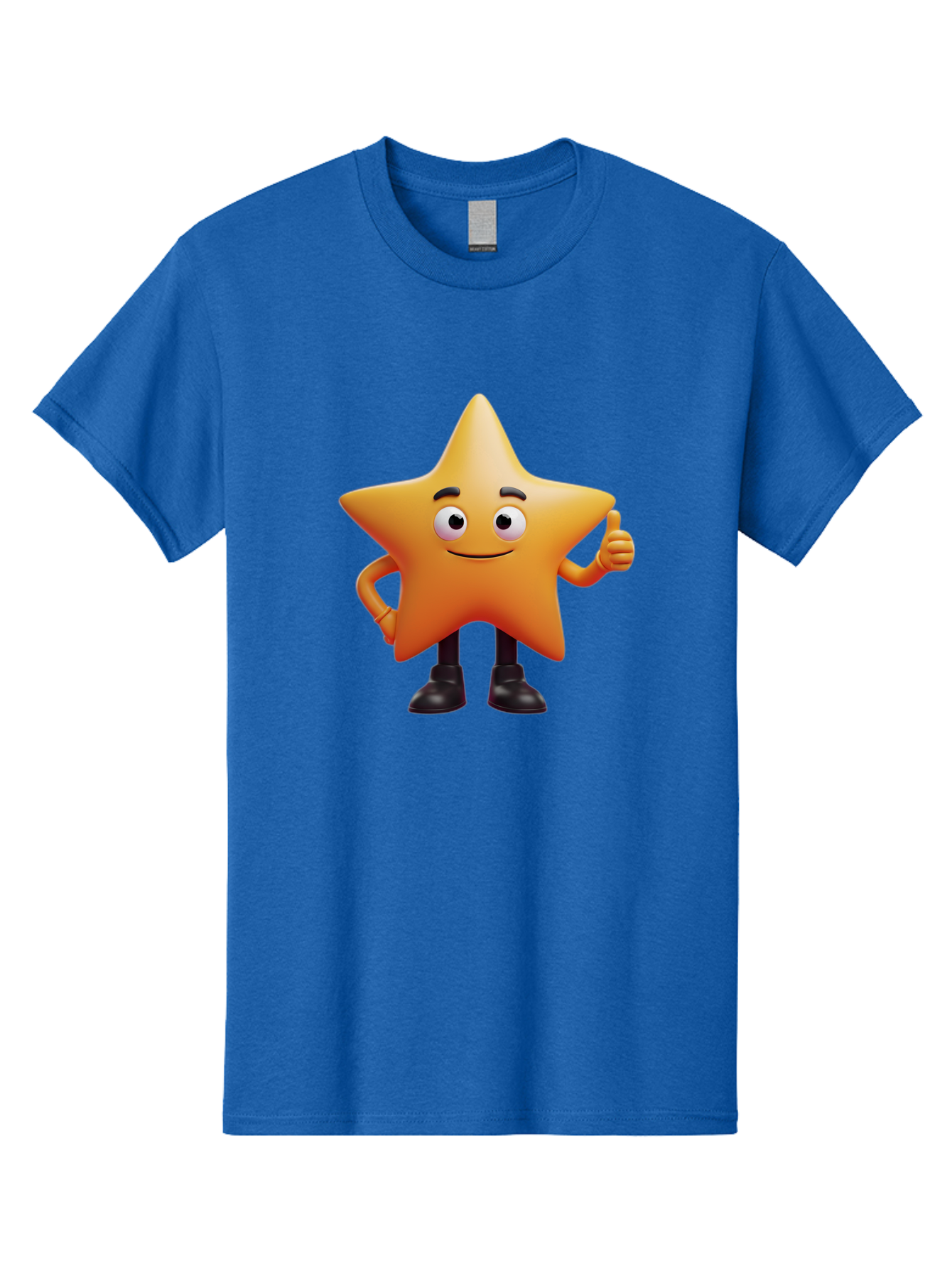 Star-Character-2 Men'S Graphic Tee, 100% Cotton, Comfortable Casual Summer Wear, Machine Washable, Cartoon Star, Smiling Face, Thumbs Up, Positive Attitude, Friendly Character, 3D Illustration, Animated Star, Hand Gesture, Black Shoes Bae778