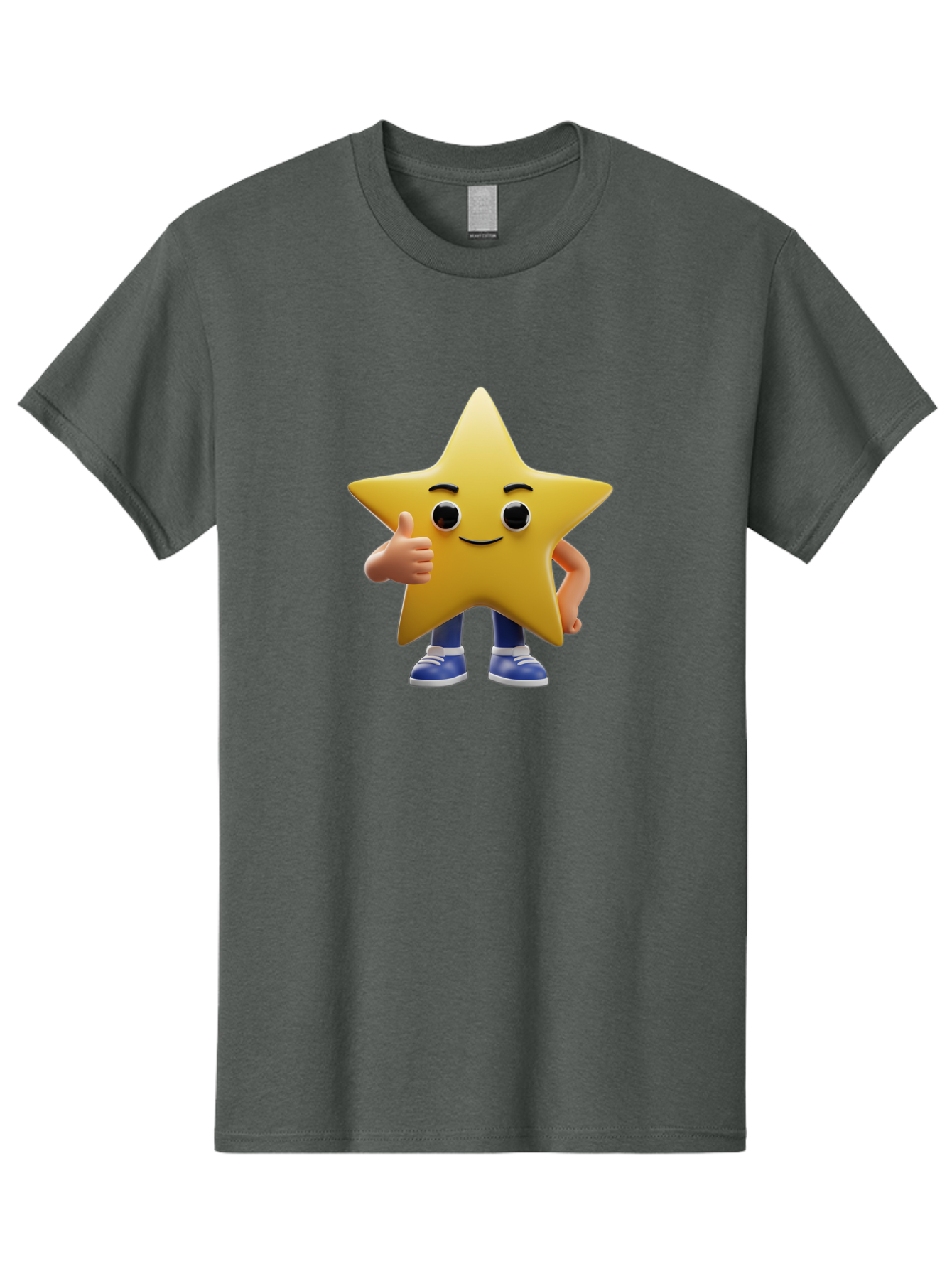 Star-Character-3 Men'S Graphic Tee, 100% Cotton, Comfortable Casual Summer Wear, Machine Washable, Yellow Star Character, Thumbs Up Gesture, Smiling Face, Blue Shoes, Childrens Illustration, Cartoon Style, Friendly Demeanor, Positive Vibe Bae779