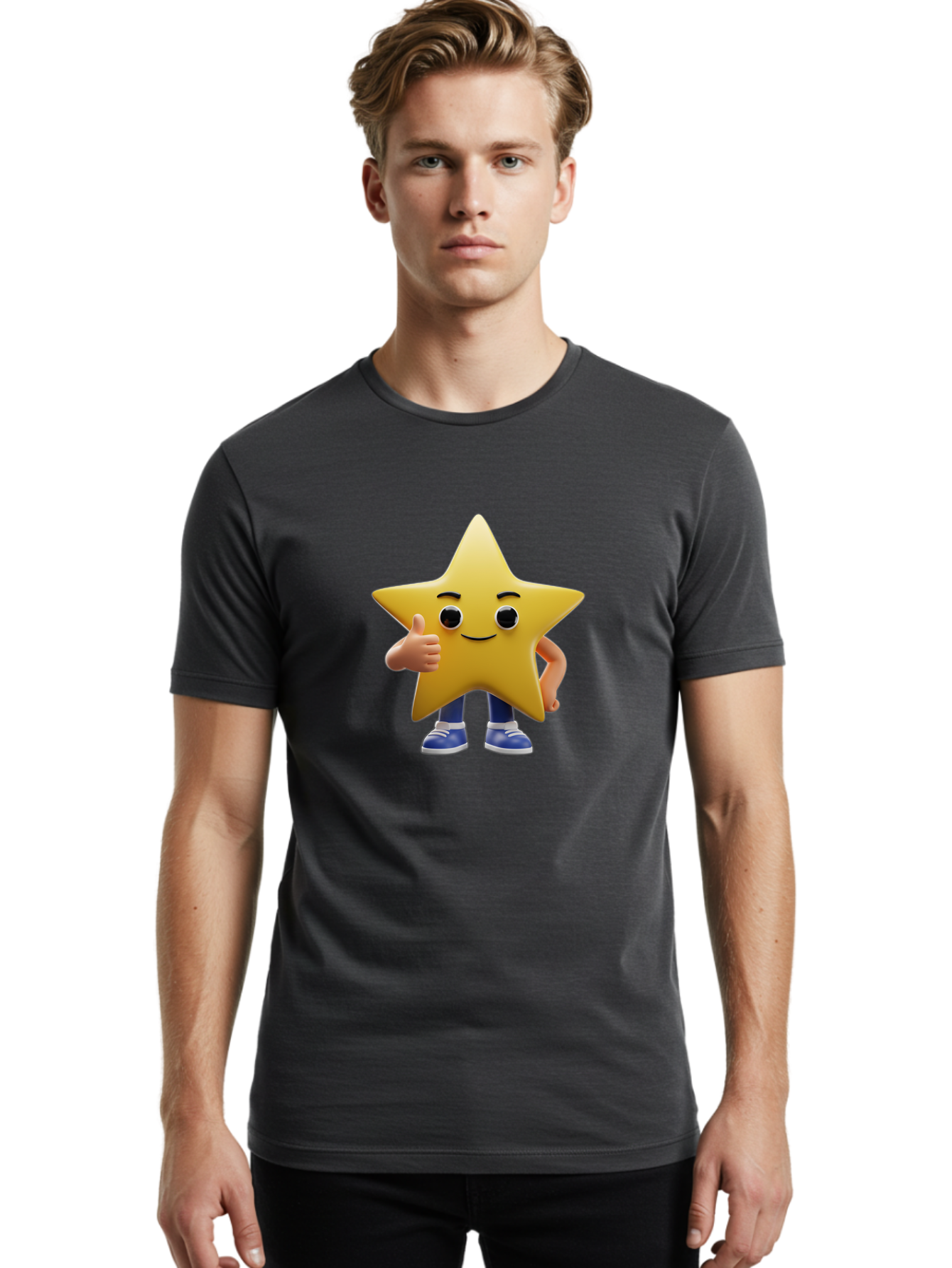 Star-Character-3 Men'S Graphic Tee, 100% Cotton, Comfortable Casual Summer Wear, Machine Washable, Yellow Star Character, Thumbs Up Gesture, Smiling Face, Blue Shoes, Childrens Illustration, Cartoon Style, Friendly Demeanor, Positive Vibe Bae779