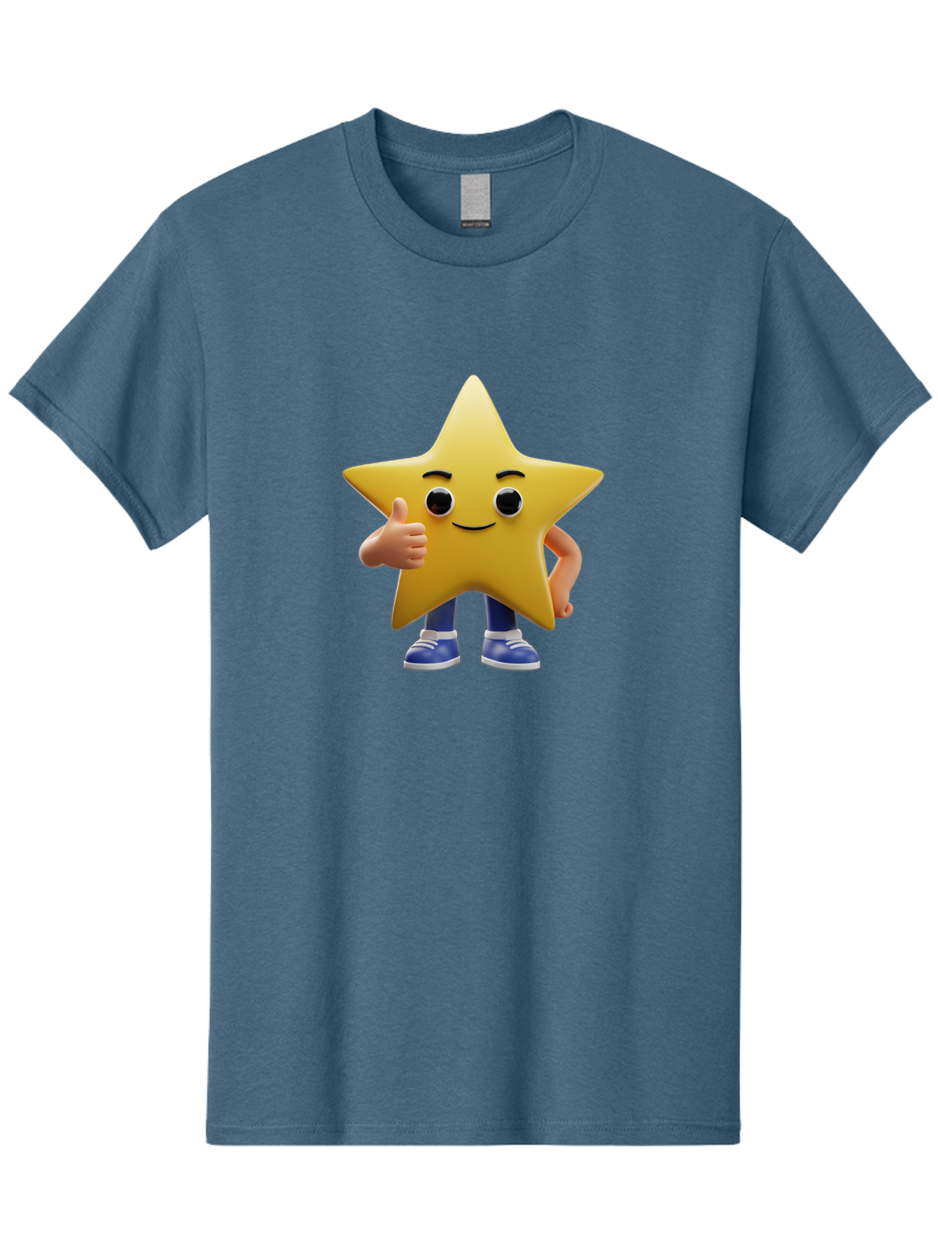 Star-Character-3 Men'S Graphic Tee, 100% Cotton, Comfortable Casual Summer Wear, Machine Washable, Yellow Star Character, Thumbs Up Gesture, Smiling Face, Blue Shoes, Childrens Illustration, Cartoon Style, Friendly Demeanor, Positive Vibe Bae779