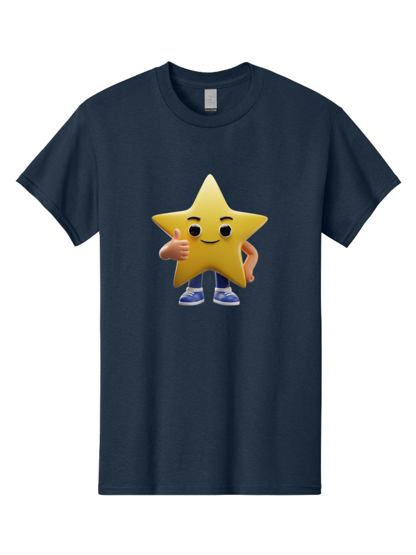 Star-Character-3 Men'S Graphic Tee, 100% Cotton, Comfortable Casual Summer Wear, Machine Washable, Yellow Star Character, Thumbs Up Gesture, Smiling Face, Blue Shoes, Childrens Illustration, Cartoon Style, Friendly Demeanor, Positive Vibe Bae779