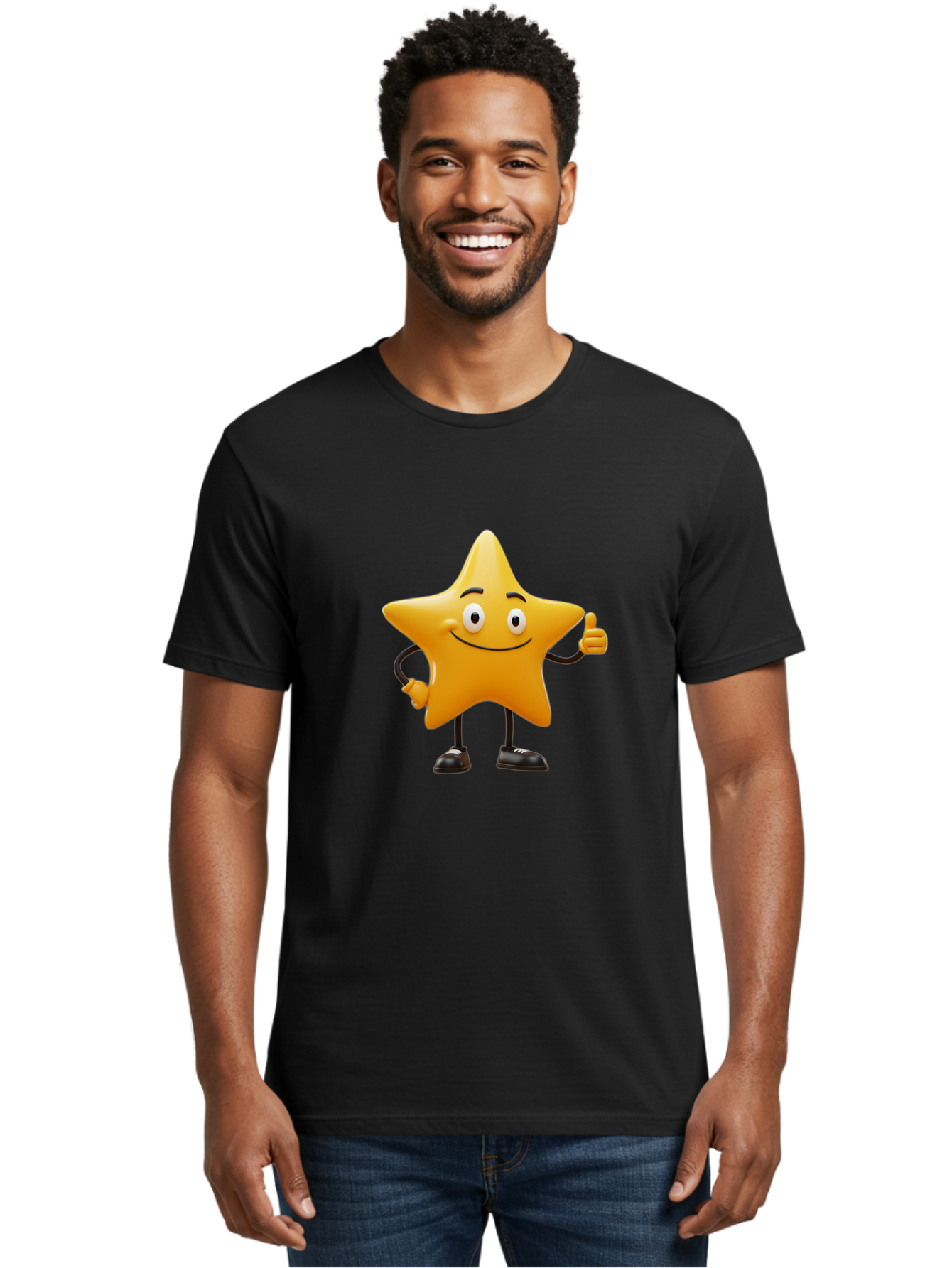 Star-Character-4 Men'S Graphic Tee, 100% Cotton, Comfortable Casual Summer Wear, Machine Washable, Smiling Star Character, Thumbs Up Gesture, Cartoon Style, Yellow Star, Funny Face, Animated Illustration, Friendly Demeanor, Positive Vibes, Bae780