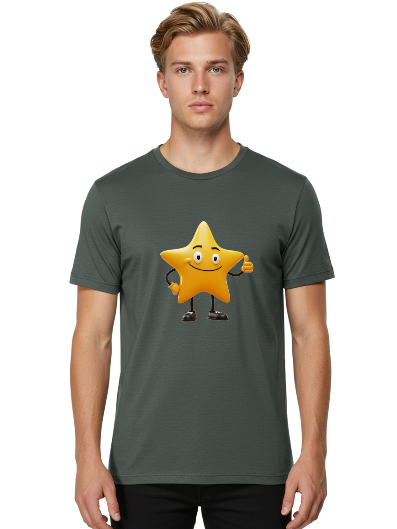 Star-Character-4 Men'S Graphic Tee, 100% Cotton, Comfortable Casual Summer Wear, Machine Washable, Smiling Star Character, Thumbs Up Gesture, Cartoon Style, Yellow Star, Funny Face, Animated Illustration, Friendly Demeanor, Positive Vibes, Bae780