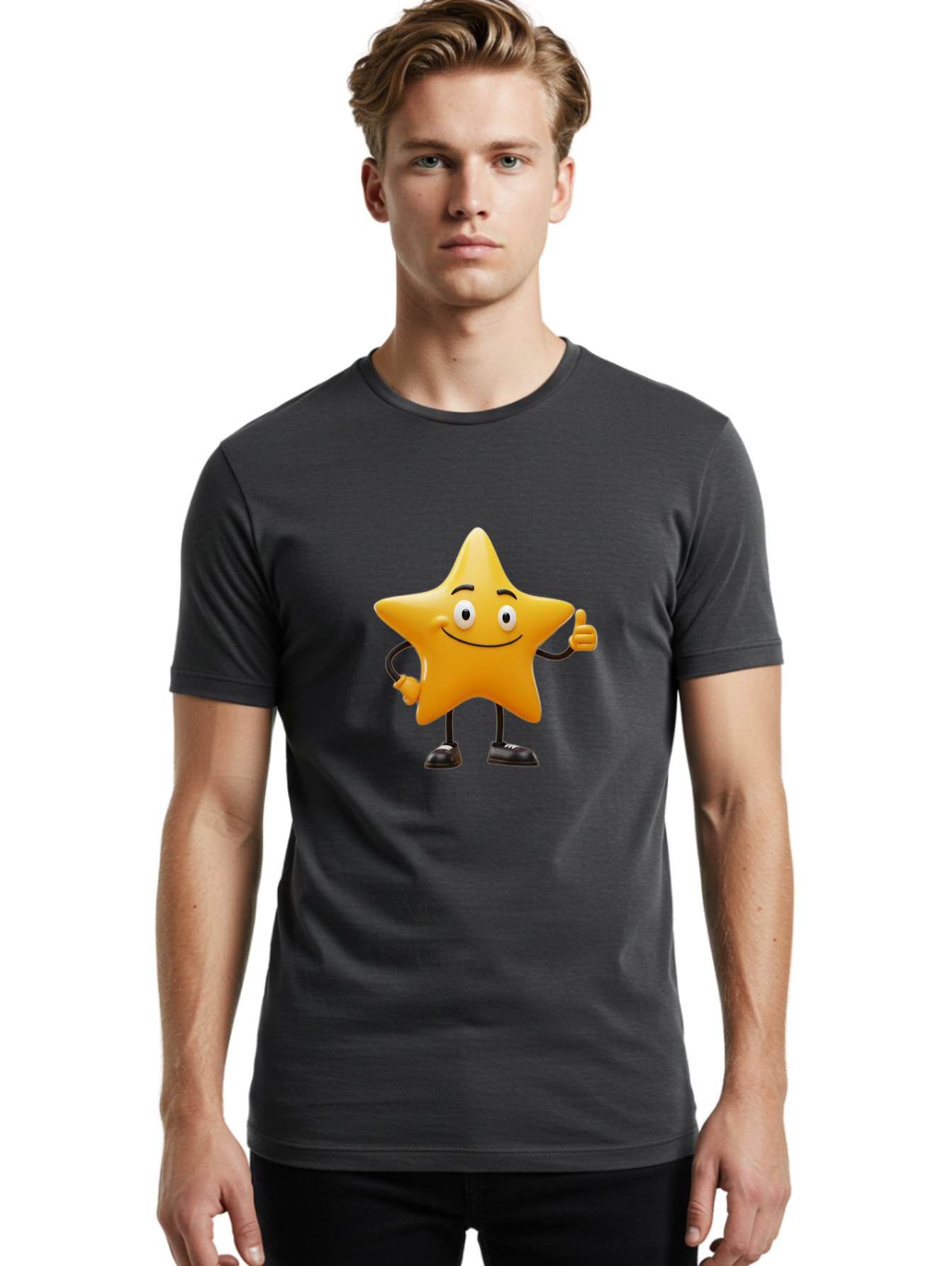 Star-Character-4 Men'S Graphic Tee, 100% Cotton, Comfortable Casual Summer Wear, Machine Washable, Smiling Star Character, Thumbs Up Gesture, Cartoon Style, Yellow Star, Funny Face, Animated Illustration, Friendly Demeanor, Positive Vibes, Bae780