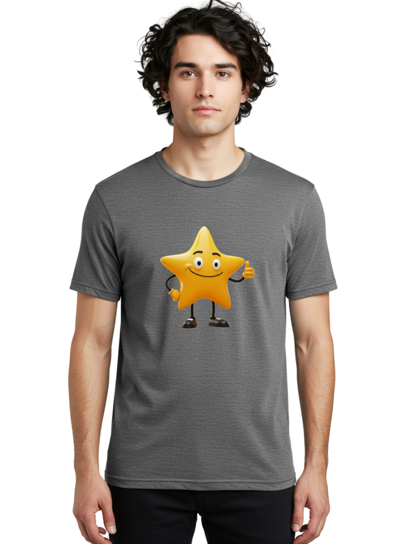 Star-Character-4 Men'S Graphic Tee, 100% Cotton, Comfortable Casual Summer Wear, Machine Washable, Smiling Star Character, Thumbs Up Gesture, Cartoon Style, Yellow Star, Funny Face, Animated Illustration, Friendly Demeanor, Positive Vibes, Bae780