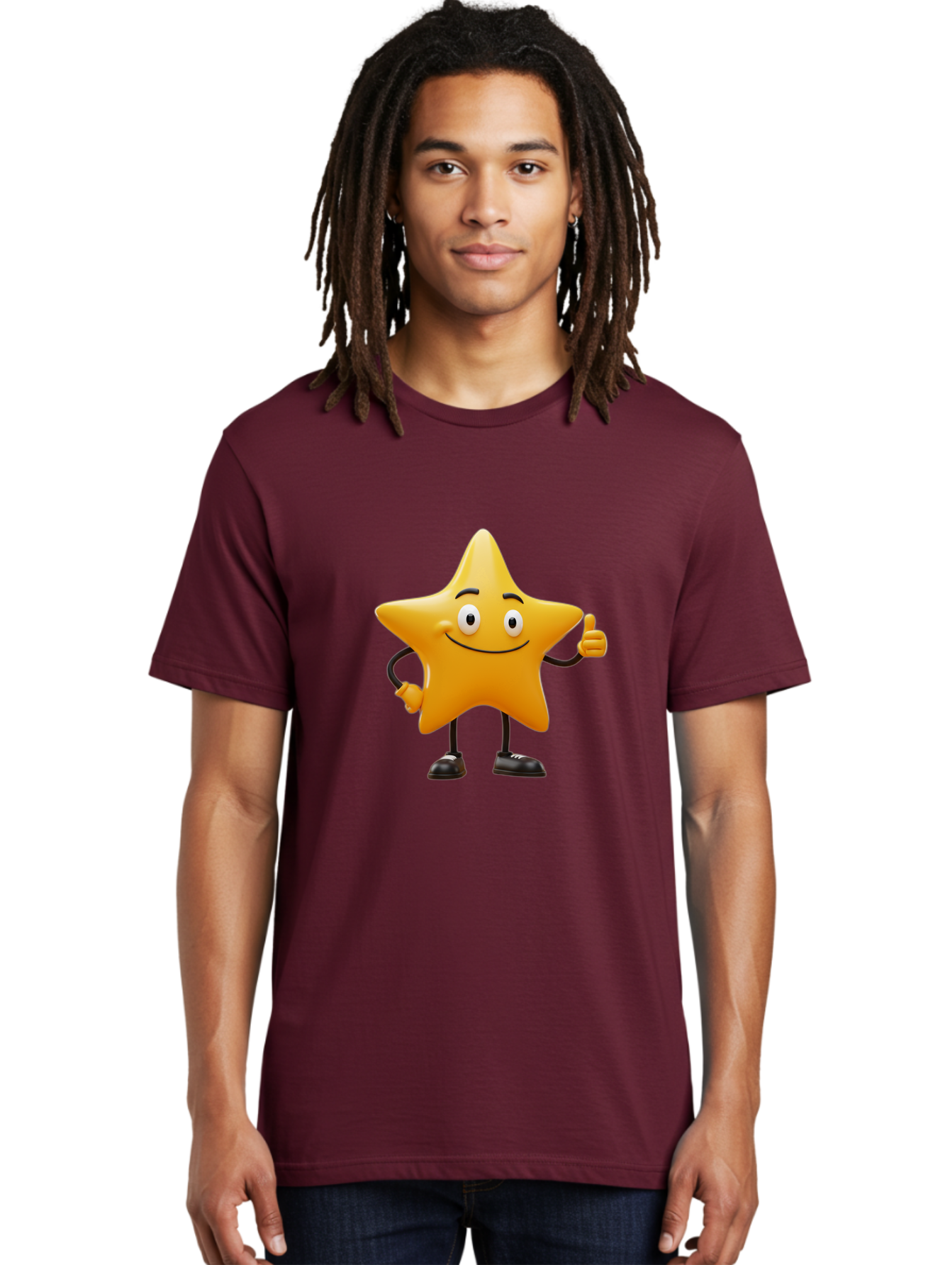 Star-Character-4 Men'S Graphic Tee, 100% Cotton, Comfortable Casual Summer Wear, Machine Washable, Smiling Star Character, Thumbs Up Gesture, Cartoon Style, Yellow Star, Funny Face, Animated Illustration, Friendly Demeanor, Positive Vibes, Bae780
