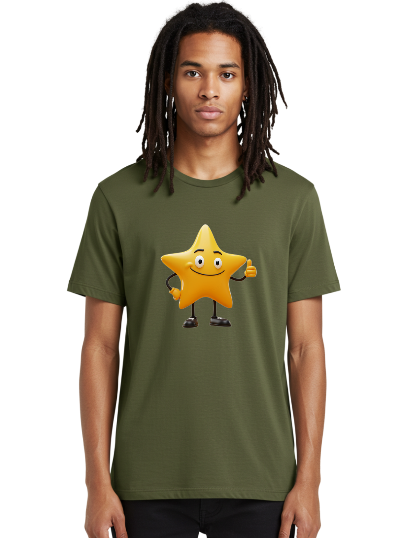 Star-Character-4 Men'S Graphic Tee, 100% Cotton, Comfortable Casual Summer Wear, Machine Washable, Smiling Star Character, Thumbs Up Gesture, Cartoon Style, Yellow Star, Funny Face, Animated Illustration, Friendly Demeanor, Positive Vibes, Bae780