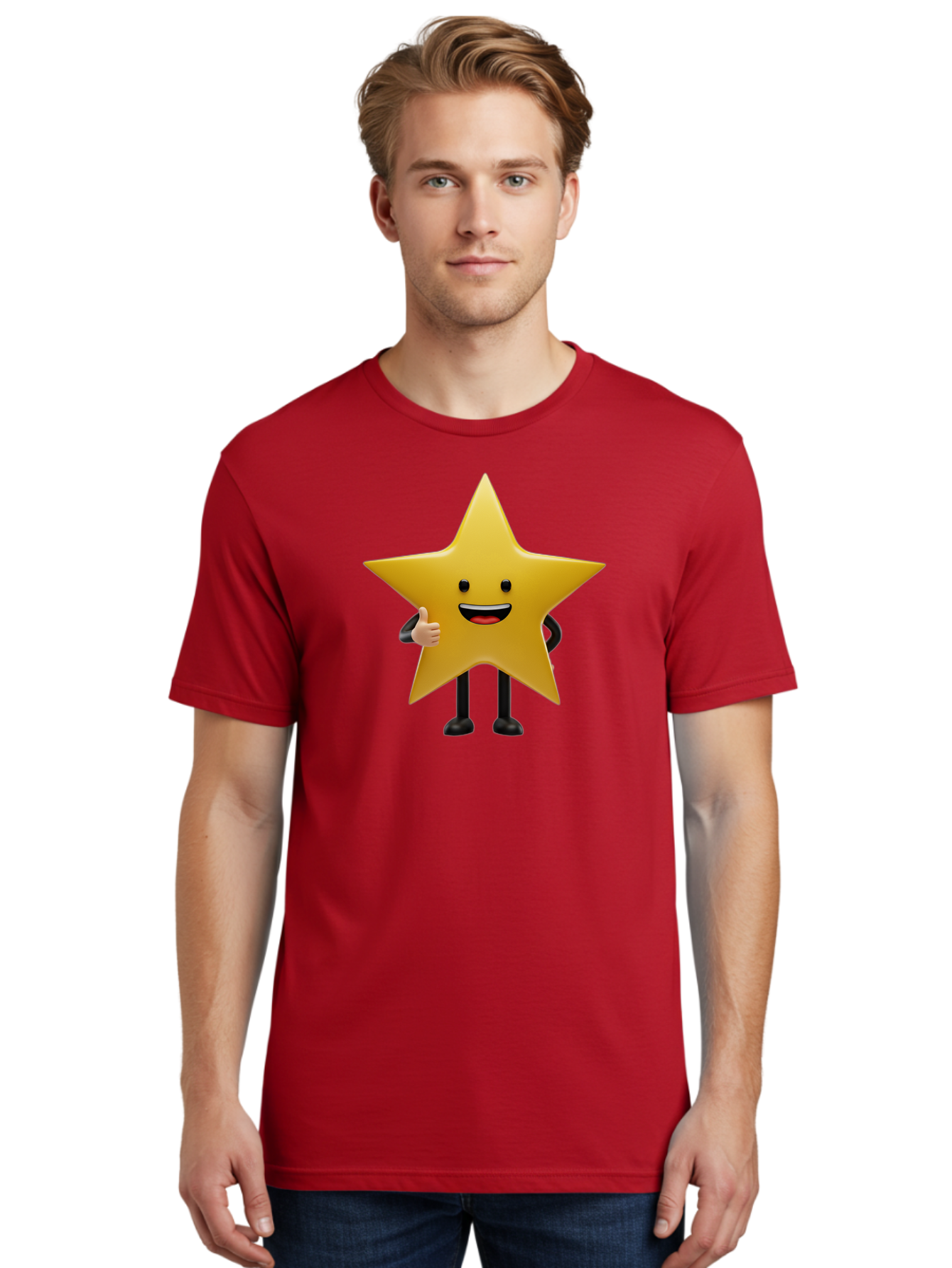 Star-Character-5 Men'S Graphic Tee, 100% Cotton, Comfortable Casual Summer Wear, Machine Washable, Smiling Star, Thumbs Up, Cartoon Character, Happy Face, Black Legs, Shiny Star, Friendly Gesture, Cheerful Mood, Animated Star, Positive Vibe Bae781