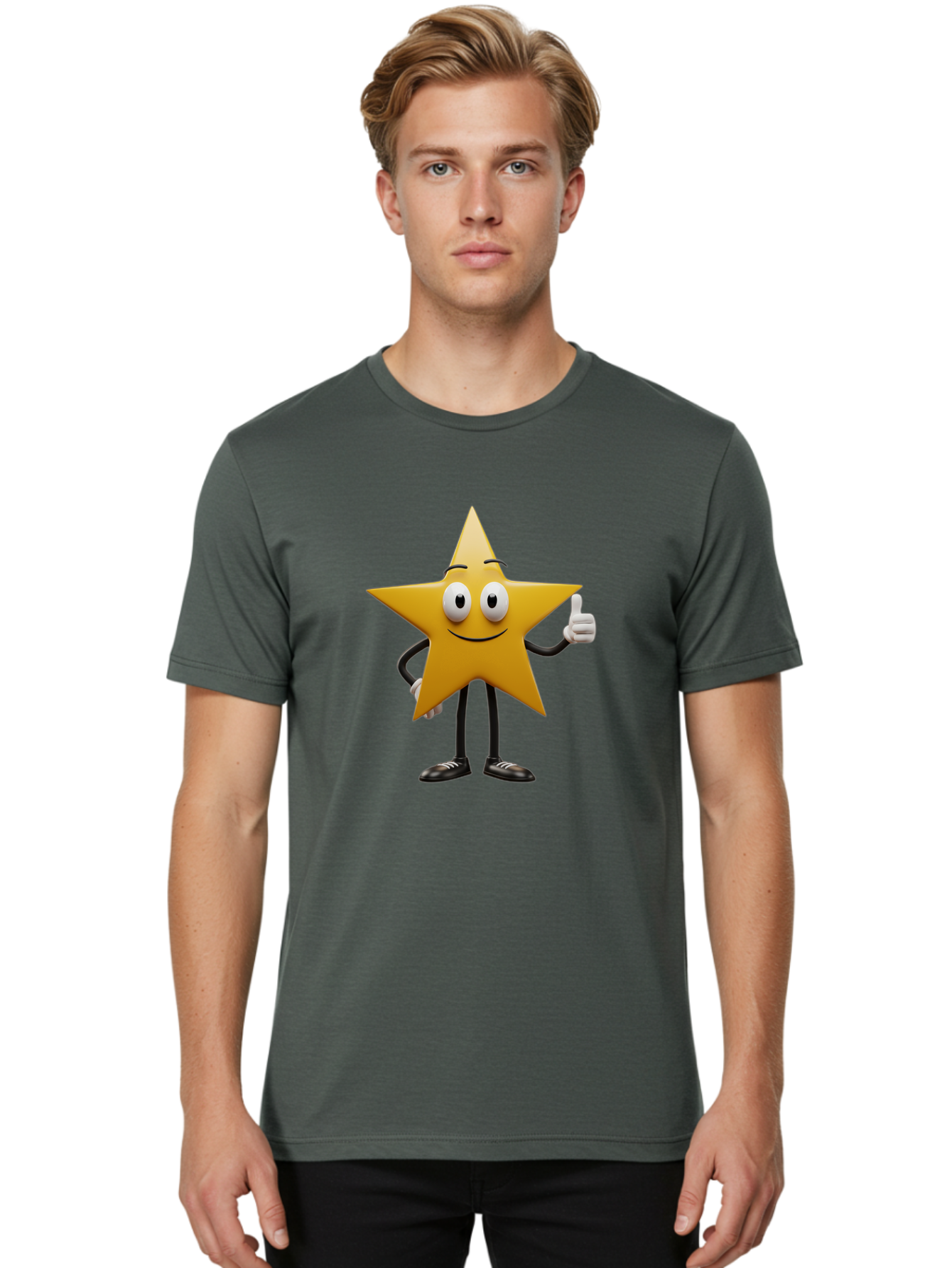 Star-Character-6 Men'S Graphic Tee, 100% Cotton, Comfortable Casual Summer Wear, Machine Washable, Smiling Star Character, Thumbs Up Gesture, Cartoon Style, Friendly Expression, Happy Mood, Positive Vibes, Yellow Star, Black Legs And Shoes, Bae782